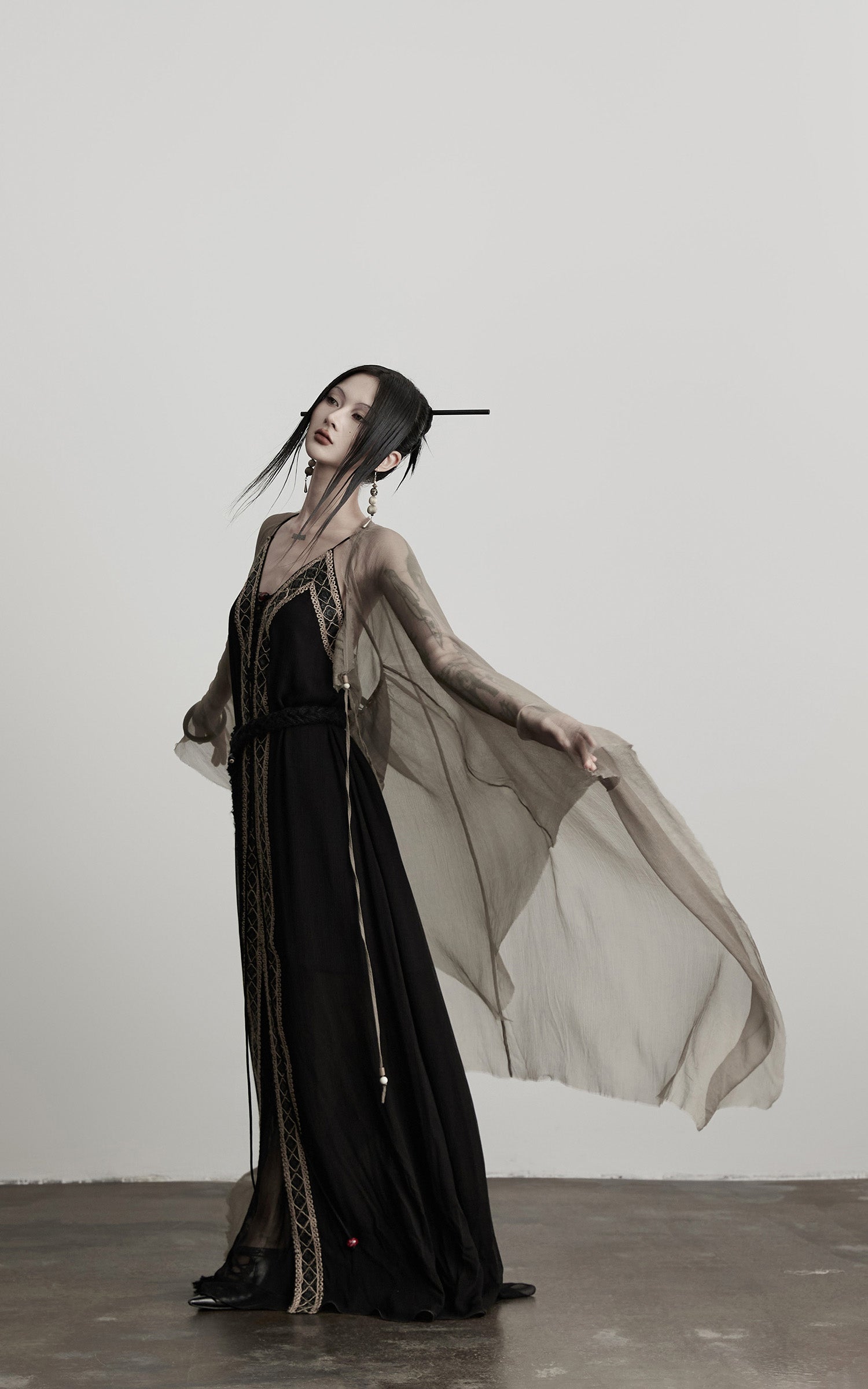 INDULGE Sheer Drape Long Cardigan with Bead Tie Detail