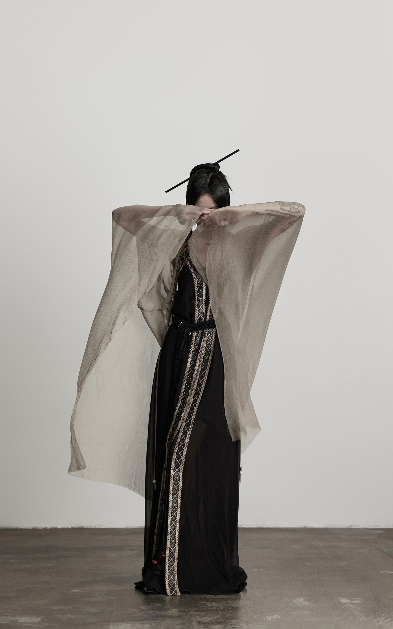 INDULGE Sheer Drape Long Cardigan with Bead Tie Detail