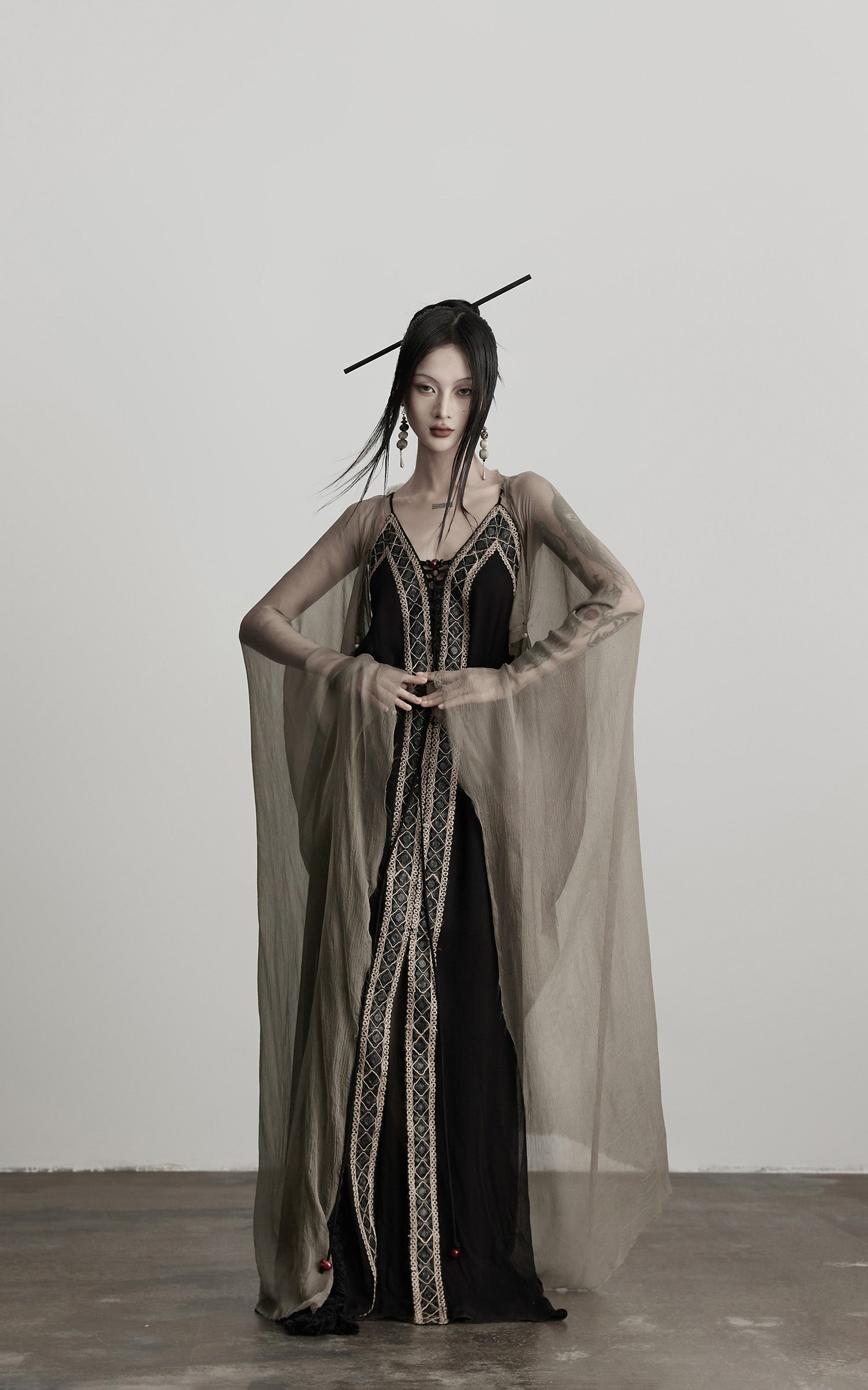 INDULGE Sheer Drape Long Cardigan with Bead Tie Detail