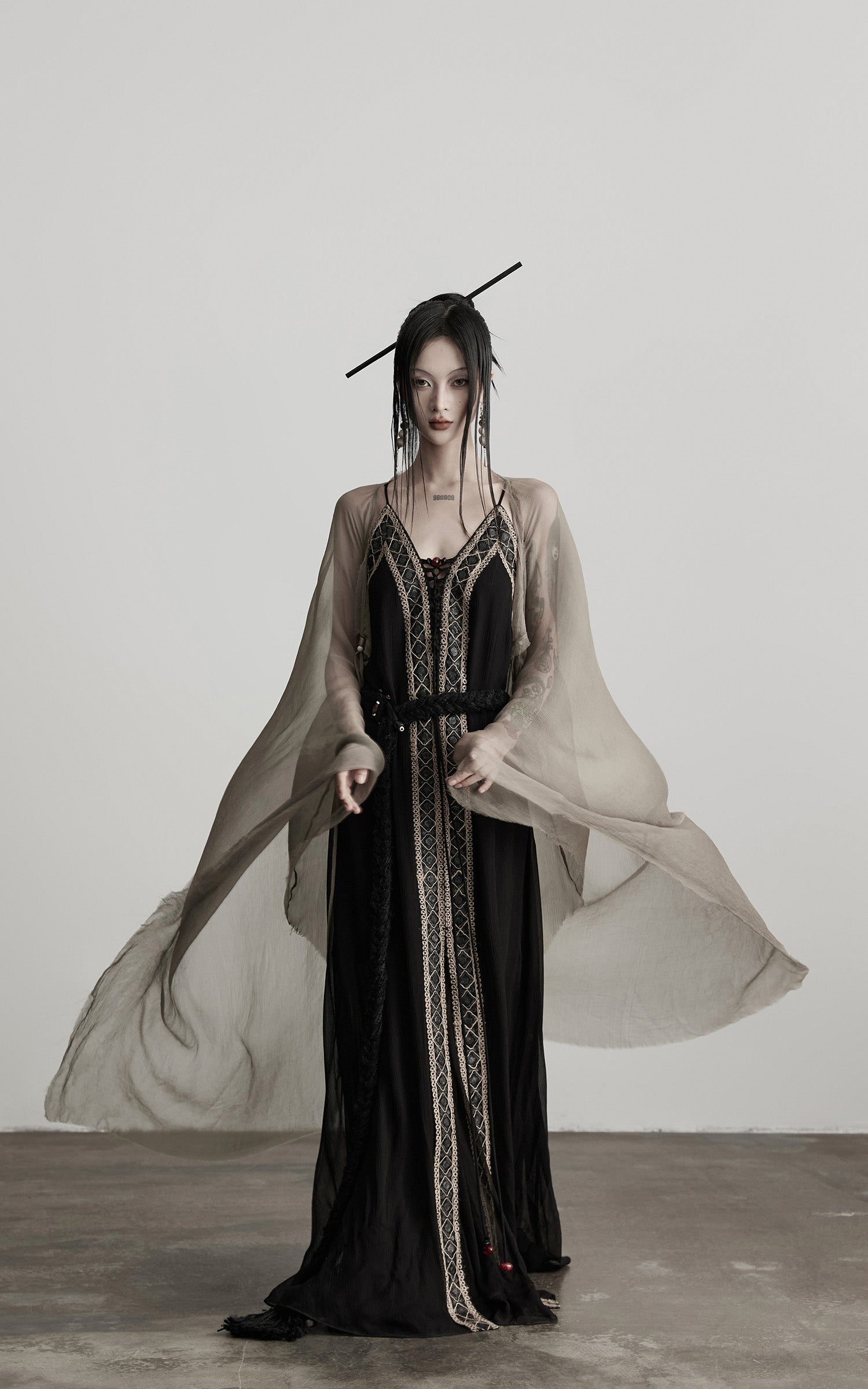 INDULGE Sheer Drape Long Cardigan with Bead Tie Detail