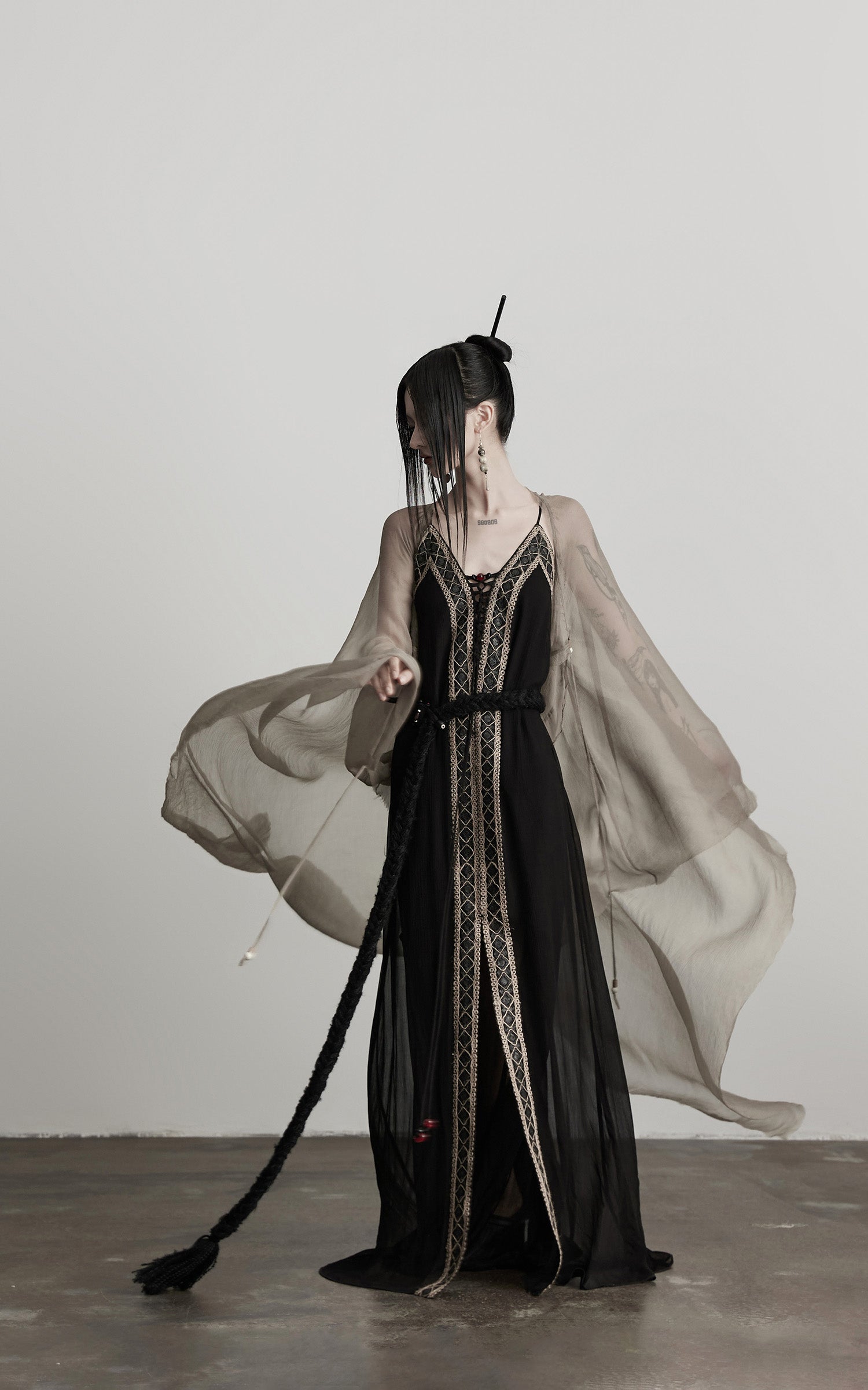 INDULGE Sheer Drape Long Cardigan with Bead Tie Detail