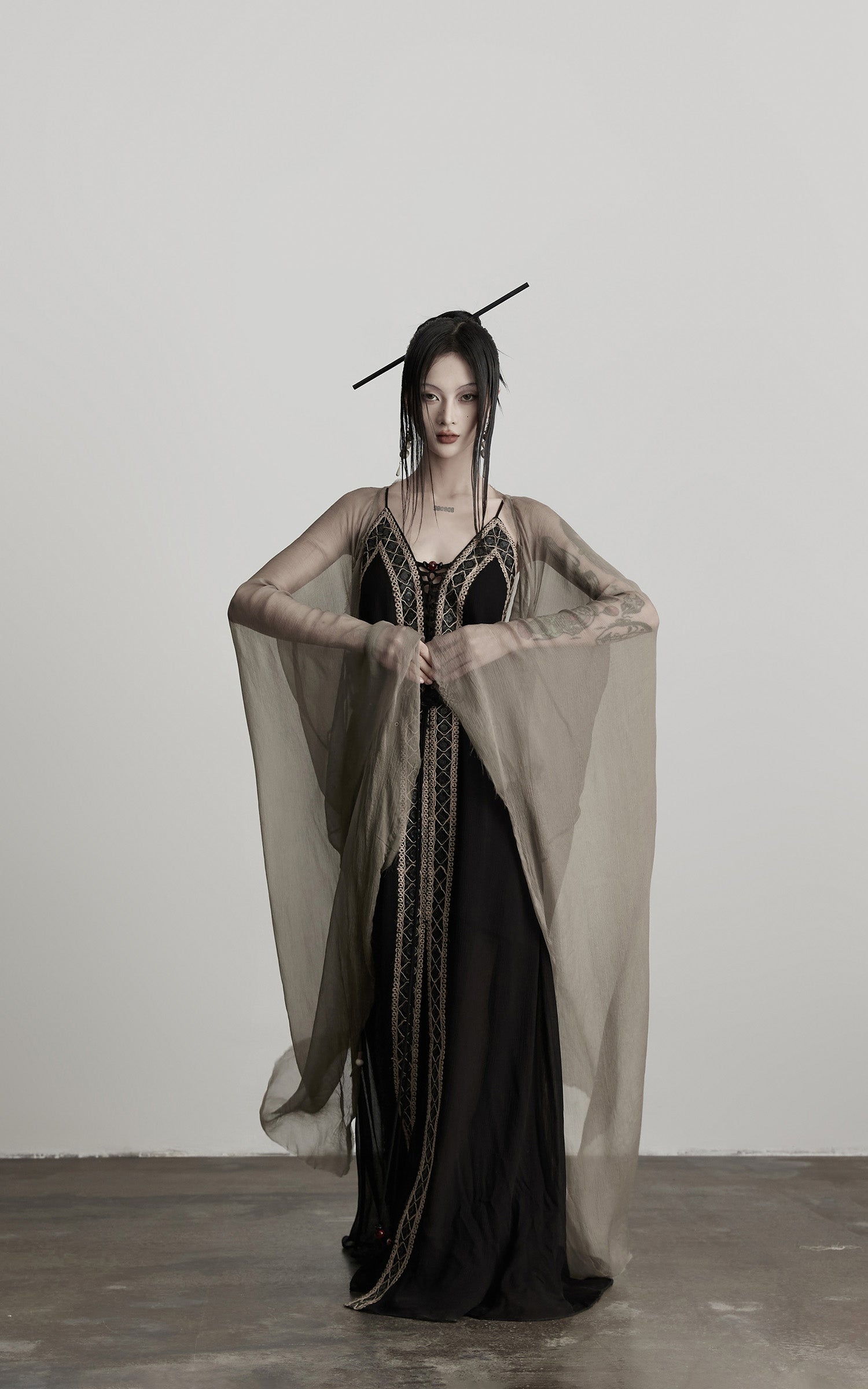 INDULGE Sheer Drape Long Cardigan with Bead Tie Detail