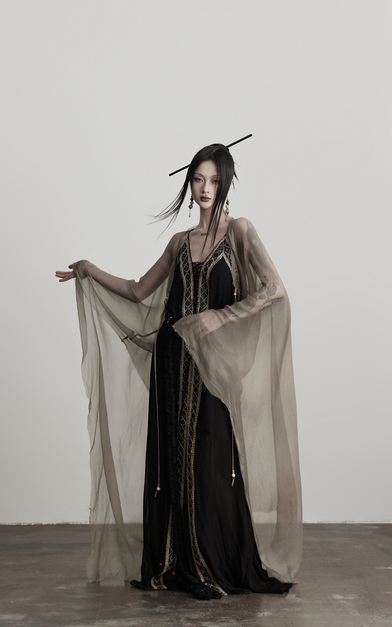 INDULGE Sheer Drape Long Cardigan with Bead Tie Detail