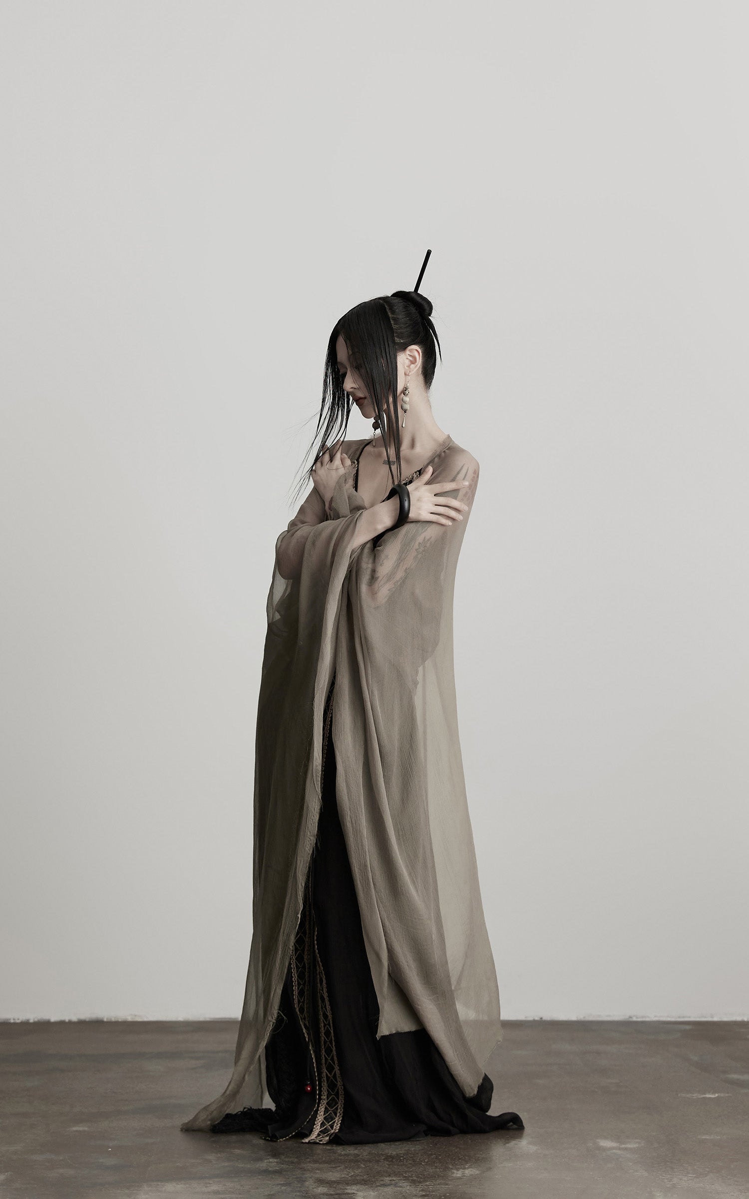 INDULGE Sheer Drape Long Cardigan with Bead Tie Detail