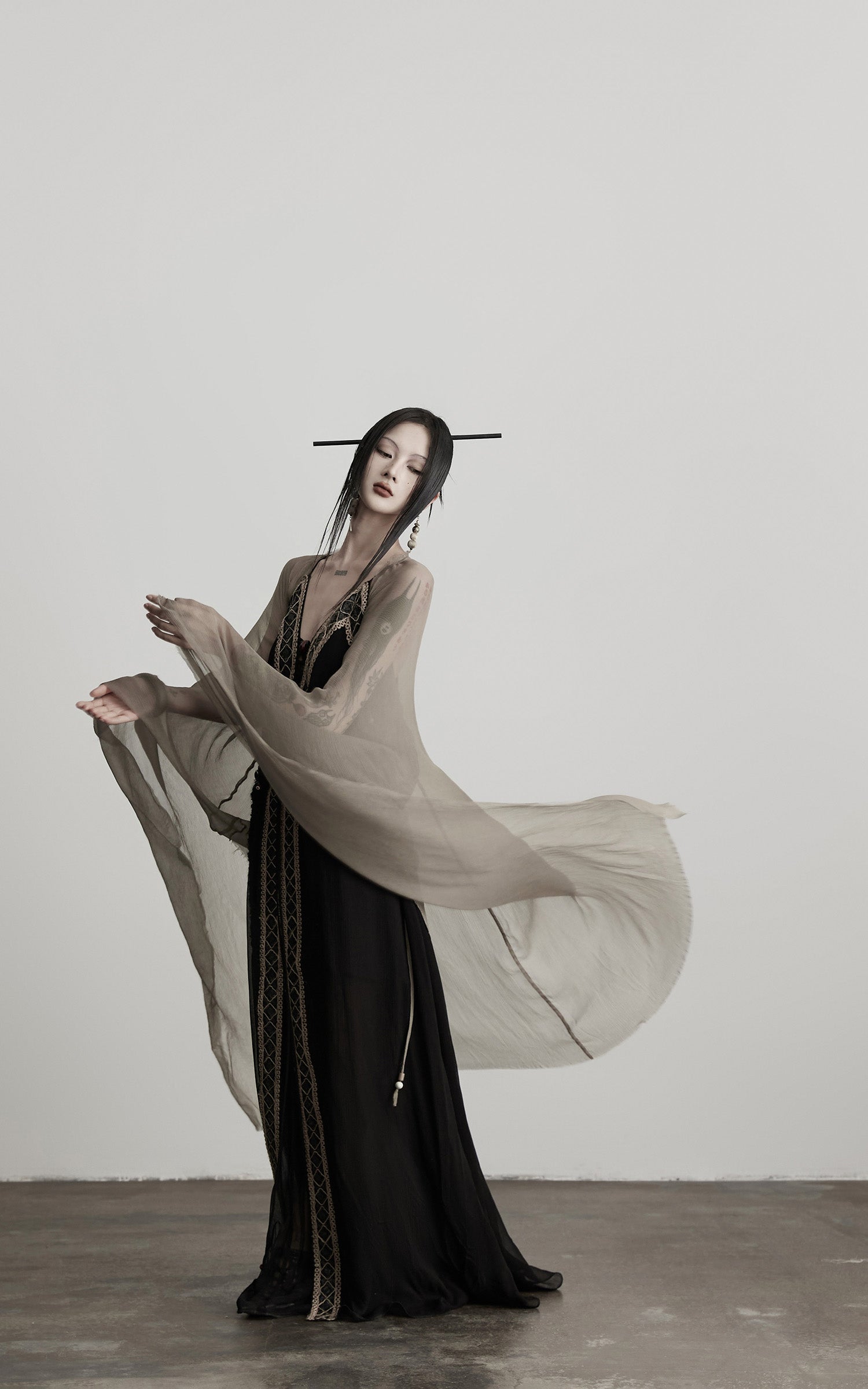 INDULGE Sheer Drape Long Cardigan with Bead Tie Detail