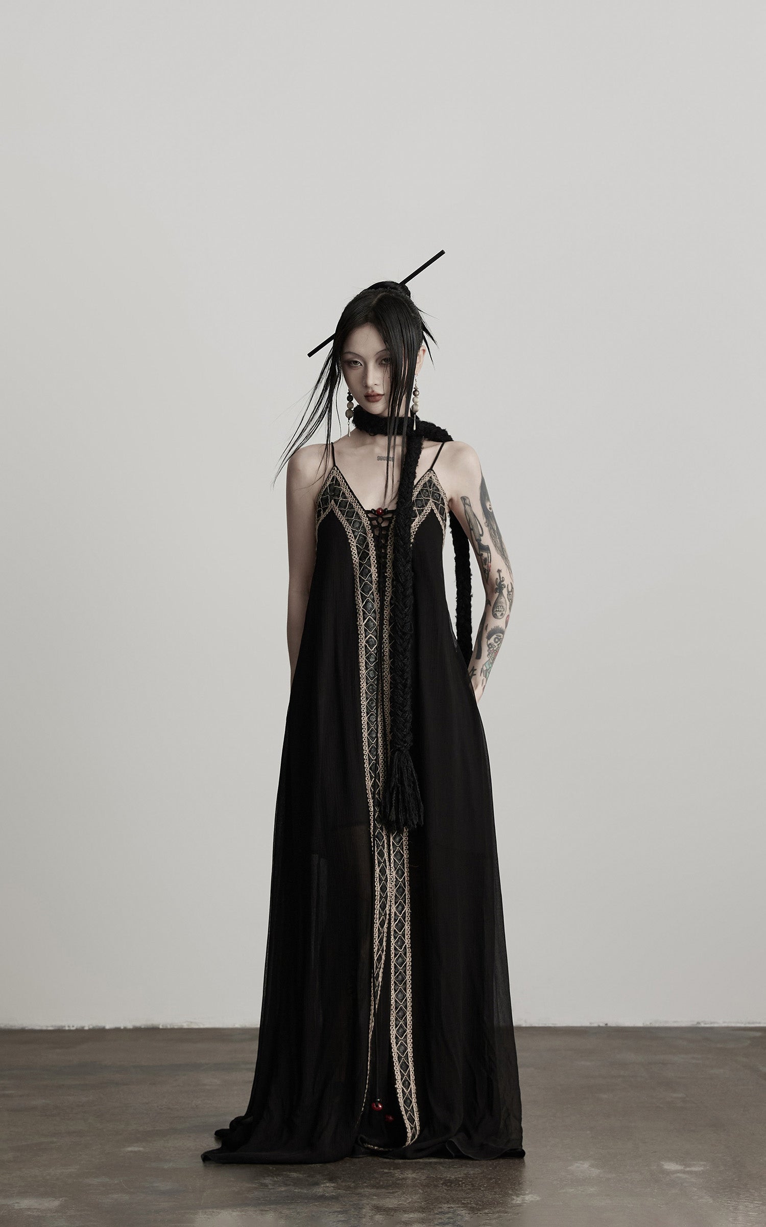 INDULGE Black Embroidered Beaded Maxi Dress