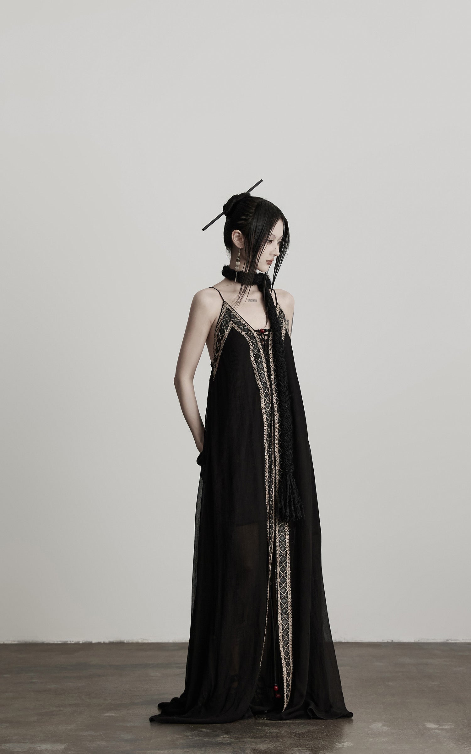 INDULGE Black Embroidered Beaded Maxi Dress