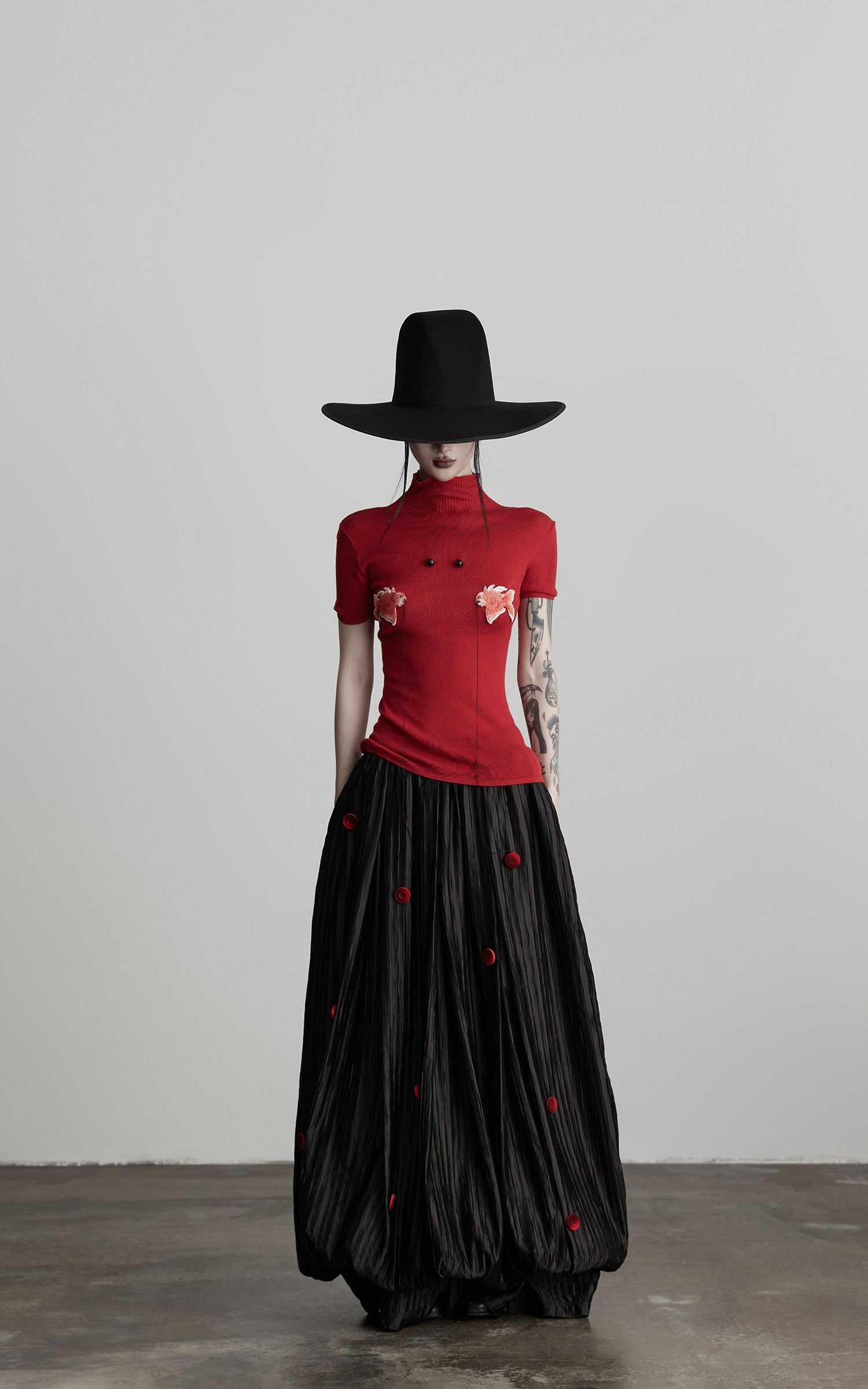 INDULGE Black Pleated Skirt Red Button Accents