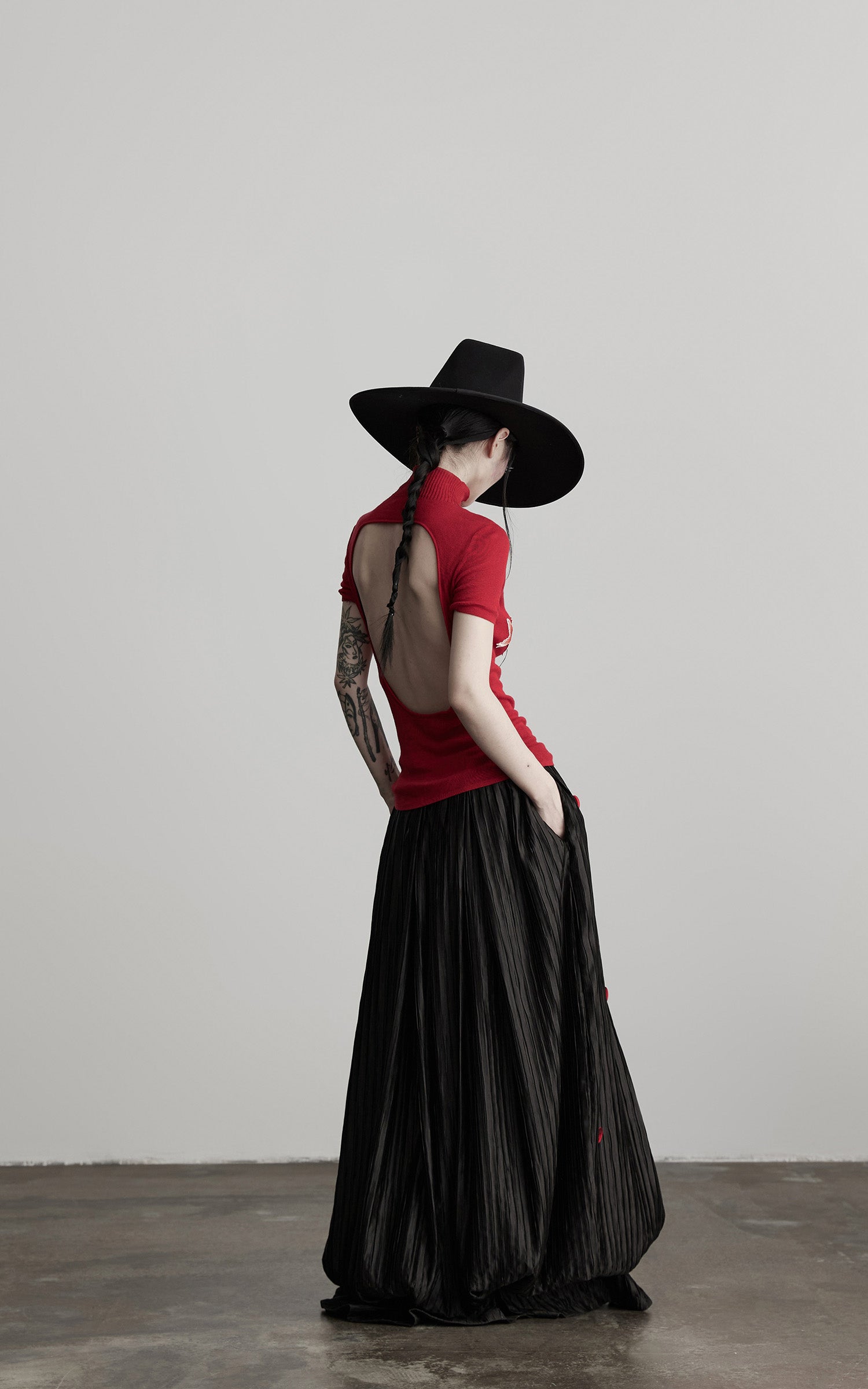 INDULGE Black Pleated Skirt Red Button Accents