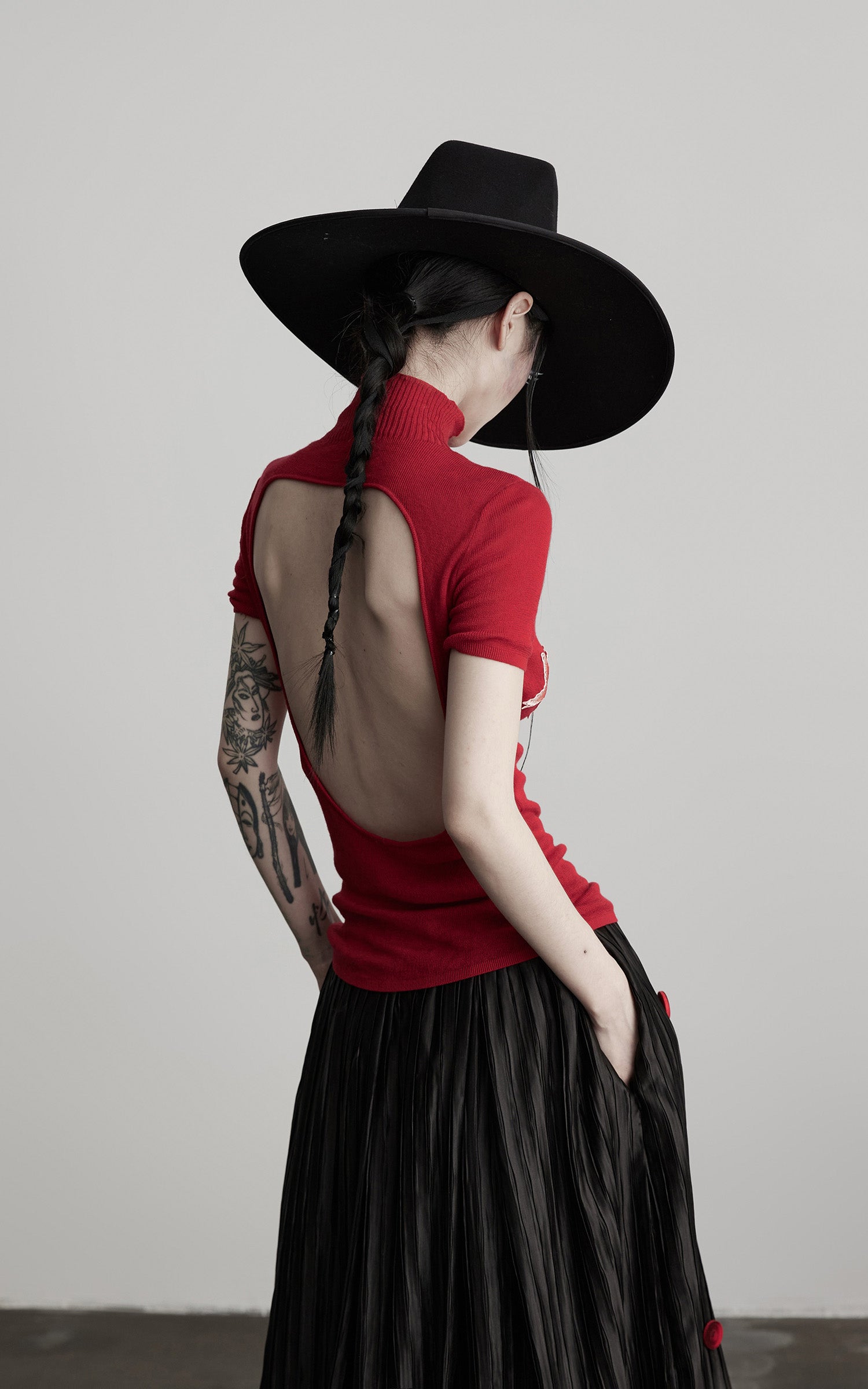 INDULGE Black Pleated Skirt Red Button Accents