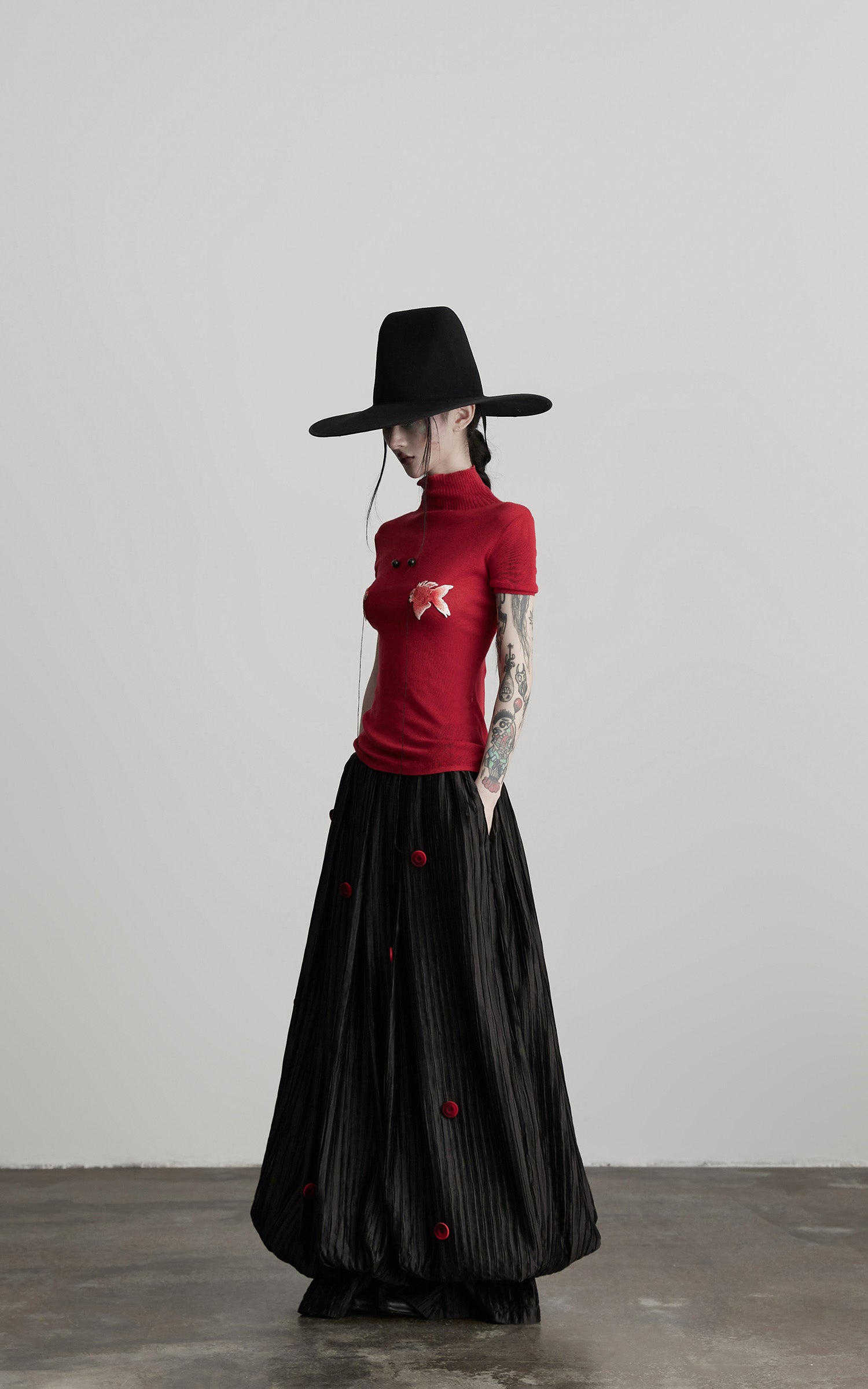 INDULGE Black Pleated Skirt Red Button Accents