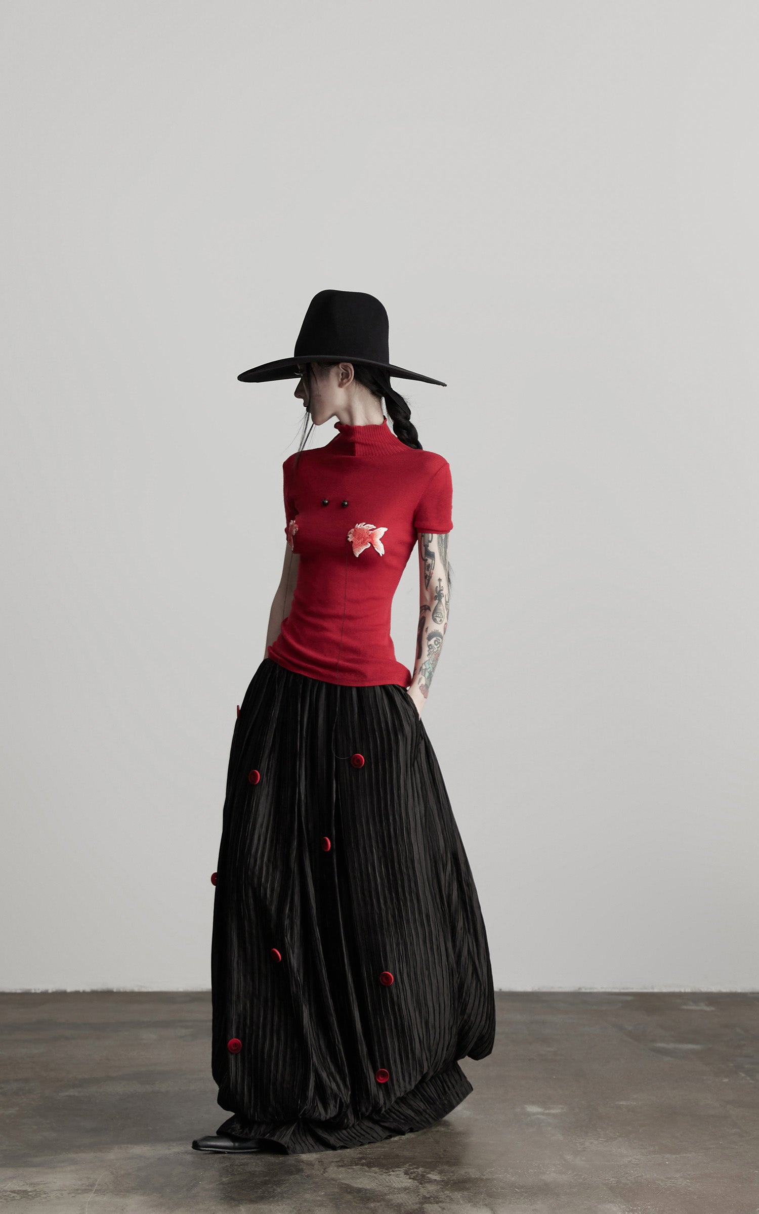 INDULGE Black Pleated Skirt Red Button Accents