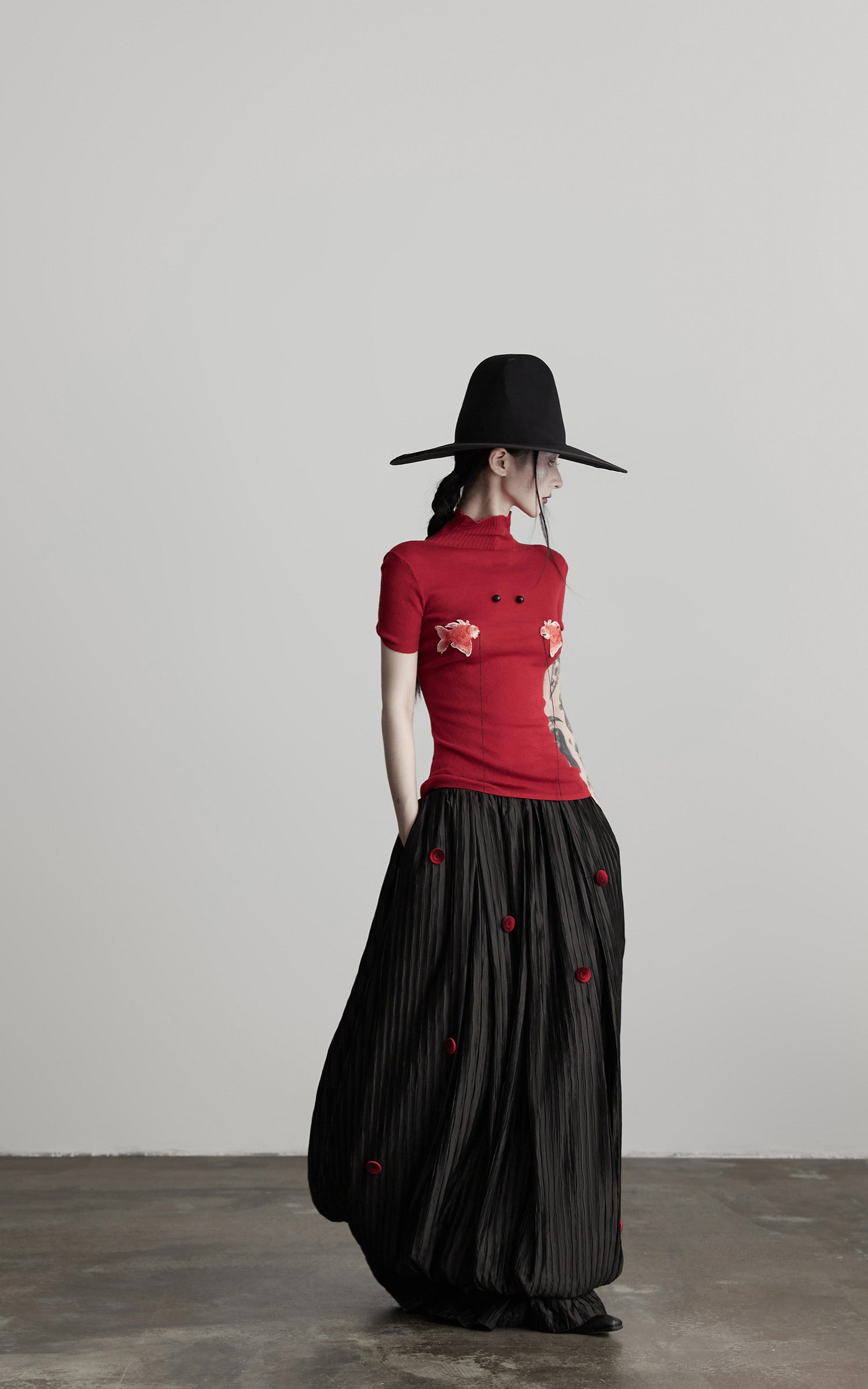 INDULGE Black Pleated Skirt Red Button Accents