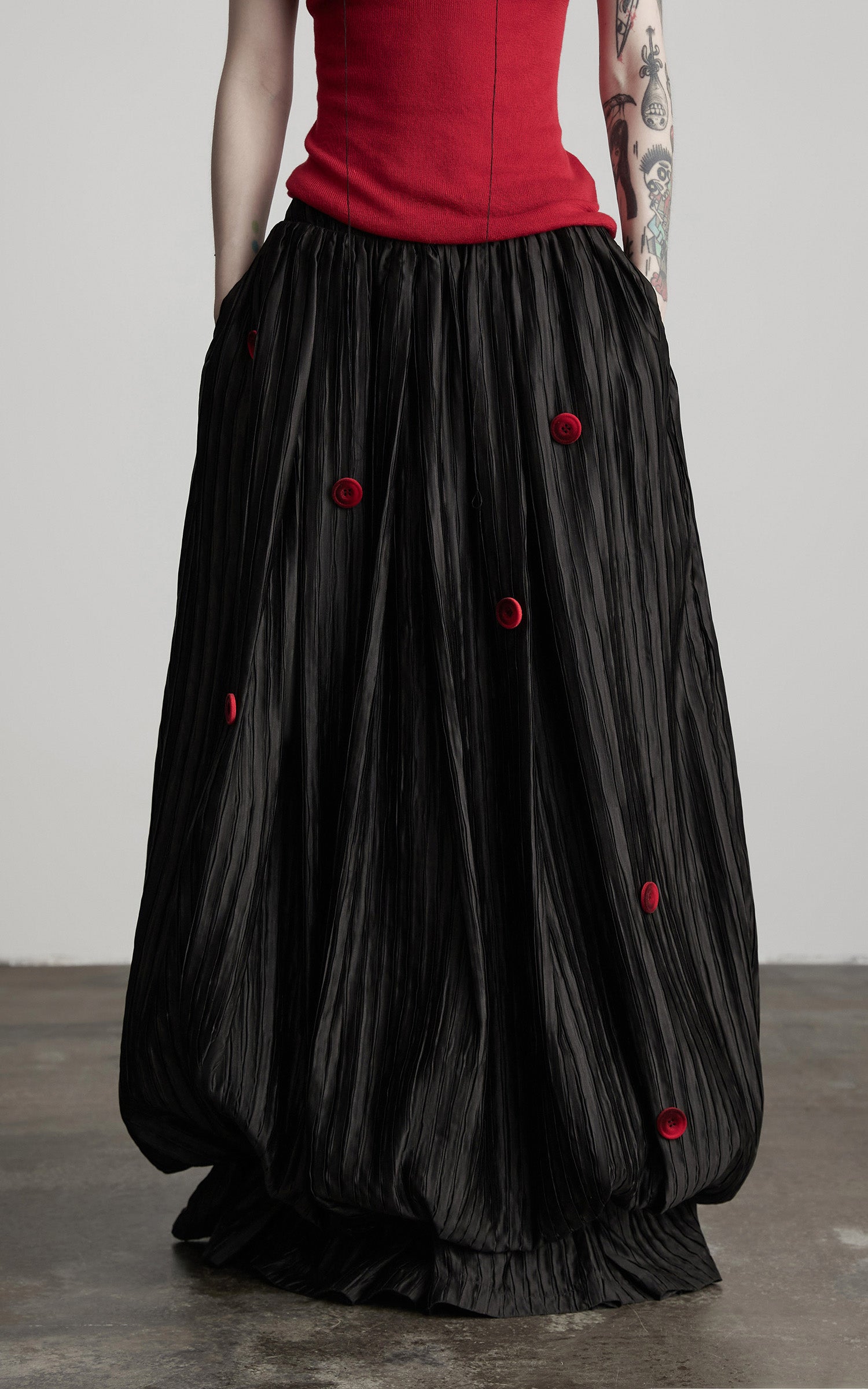 INDULGE Black Pleated Skirt Red Button Accents