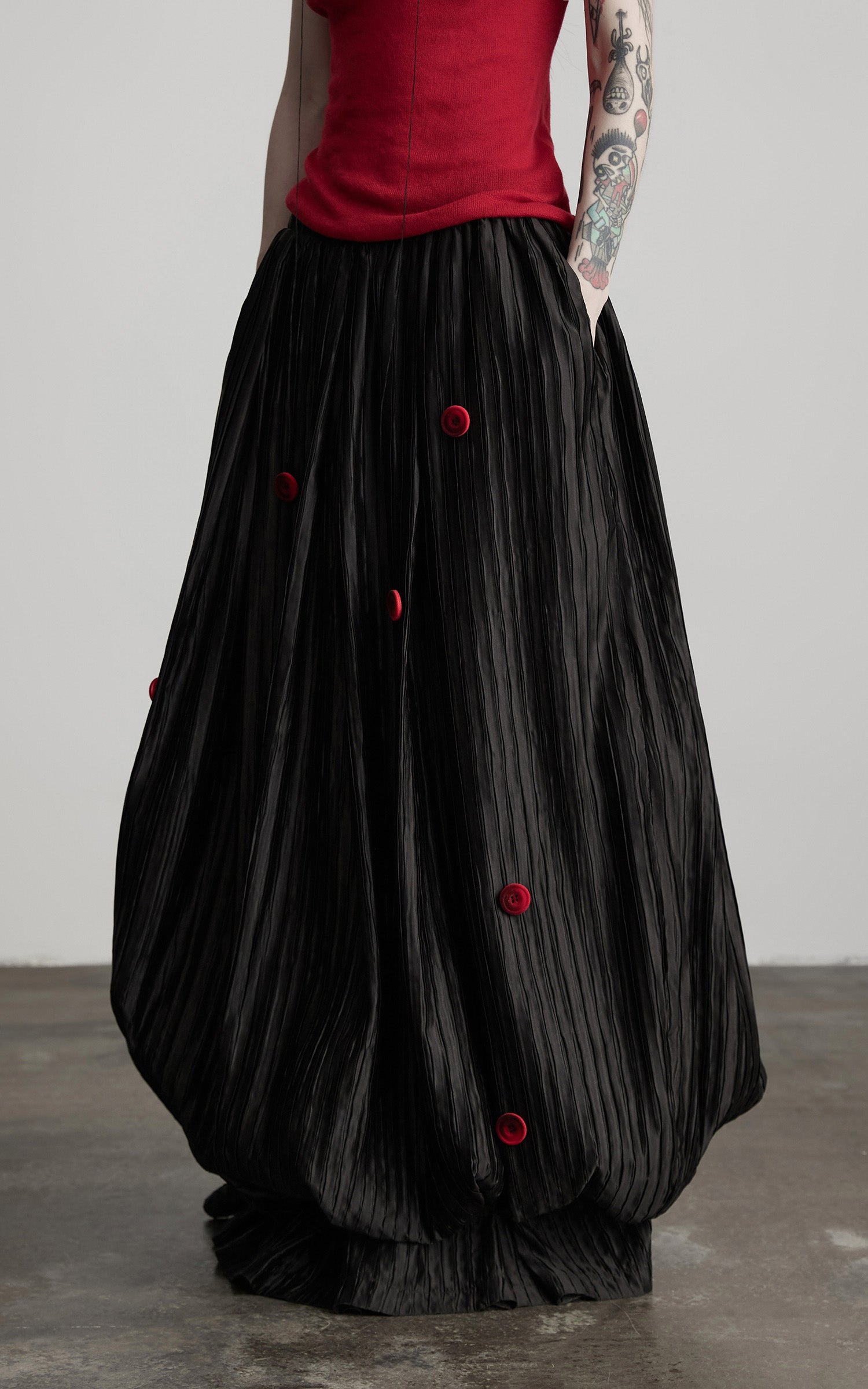 INDULGE Black Pleated Skirt Red Button Accents