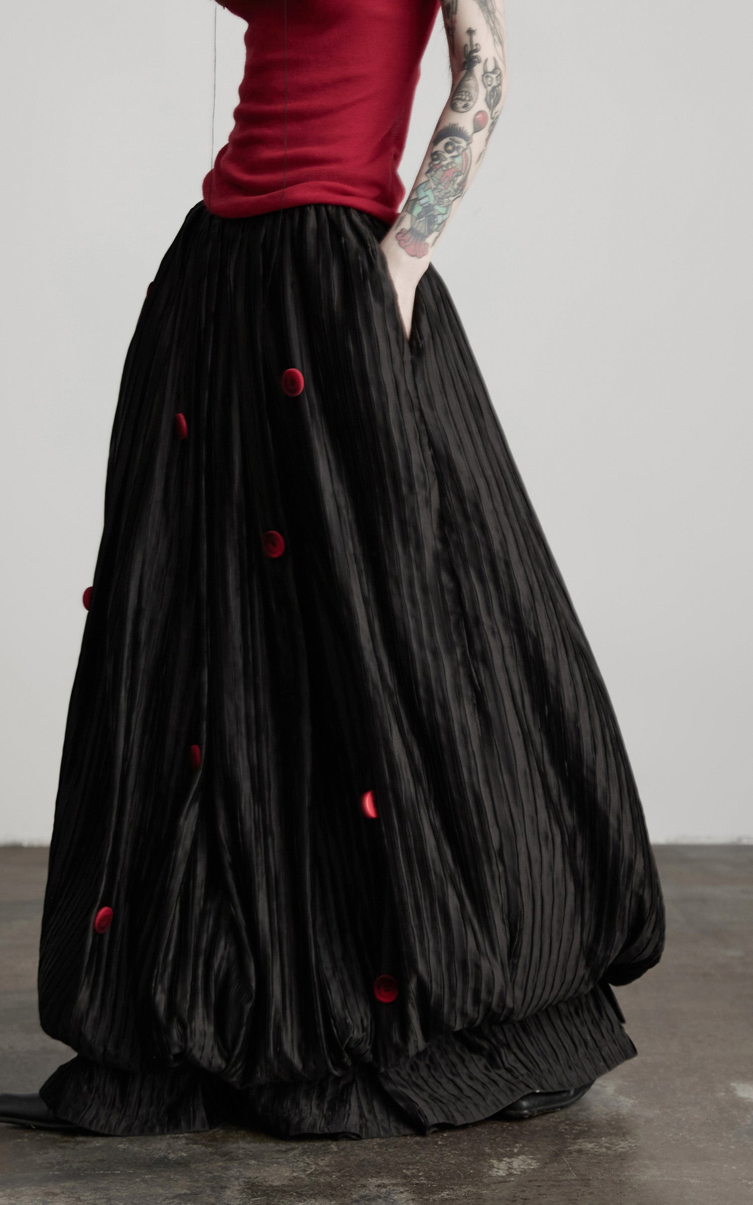 INDULGE Black Pleated Skirt Red Button Accents