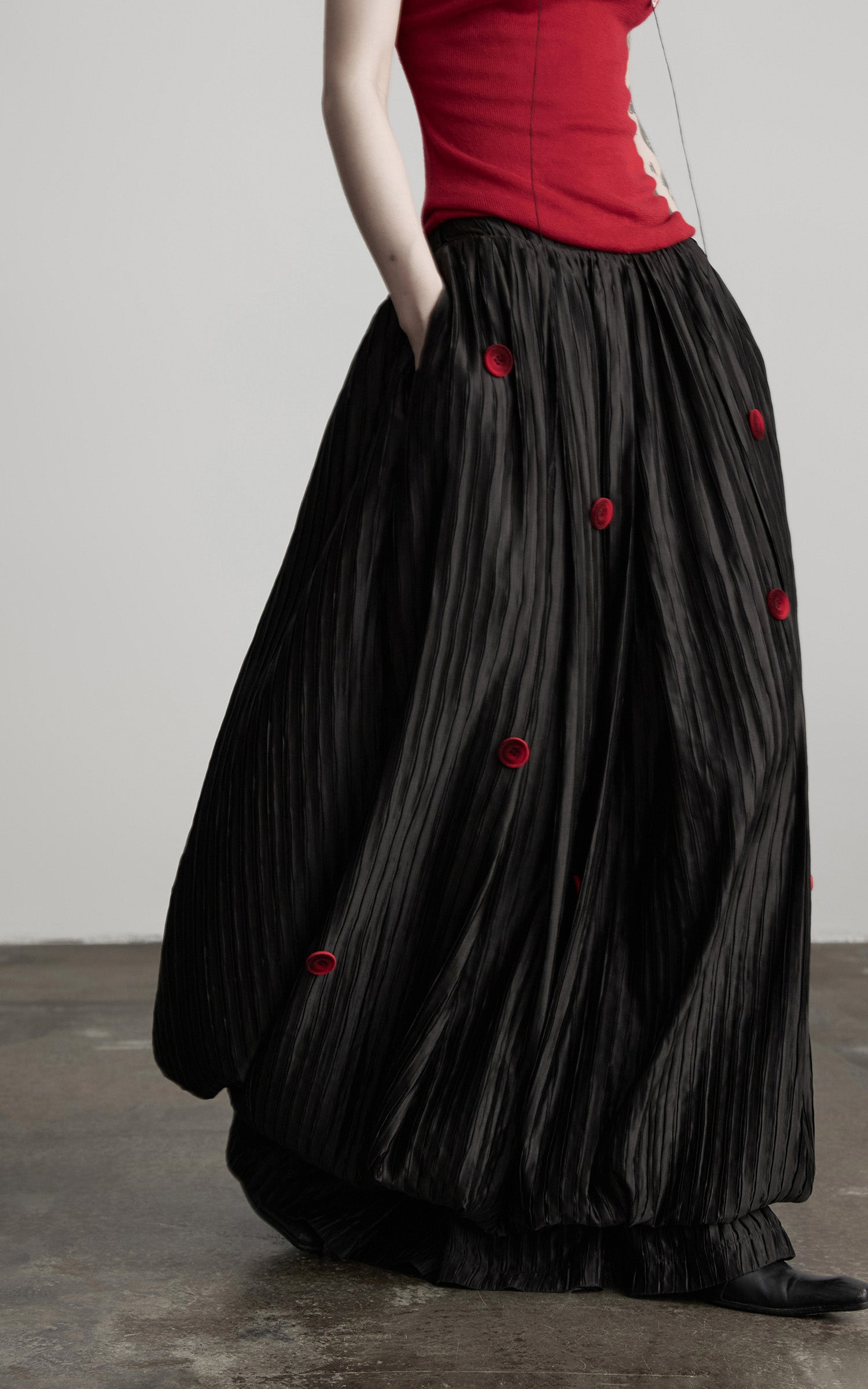 INDULGE Black Pleated Skirt Red Button Accents