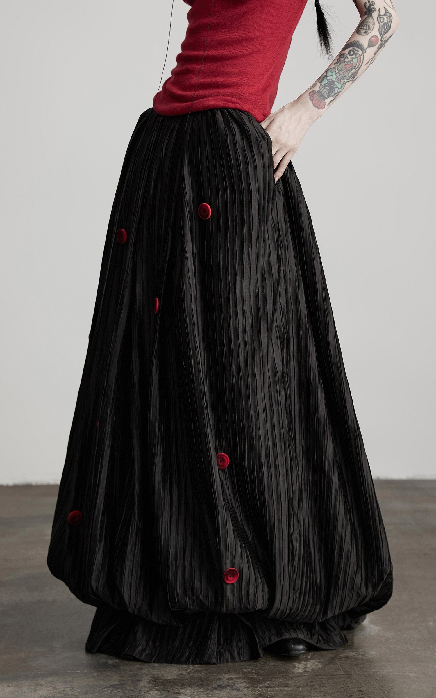 INDULGE Black Pleated Skirt Red Button Accents