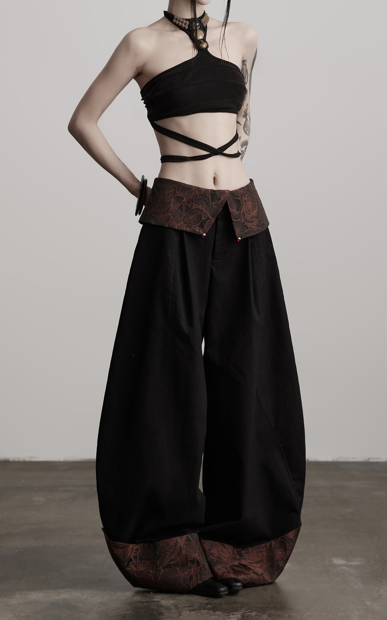 INDULGE Wide-Legged High-Waisted Pants with Leaf-Pattern Detail