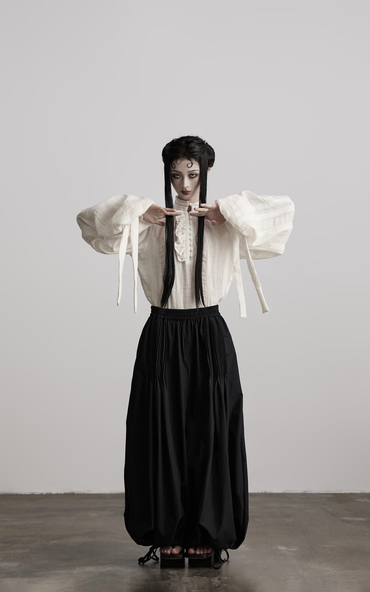 INDULGE Textured Button Shirt with Ruffled Front and Long Sashes