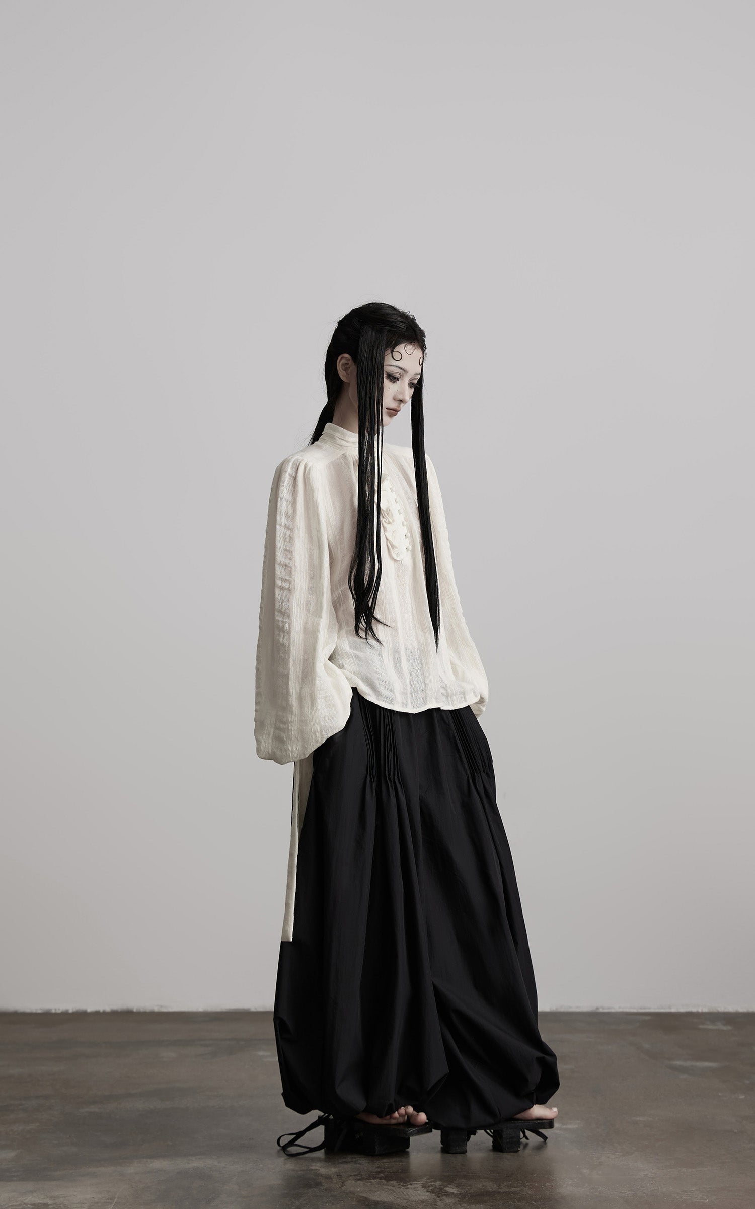 INDULGE Textured Button Shirt with Ruffled Front and Long Sashes