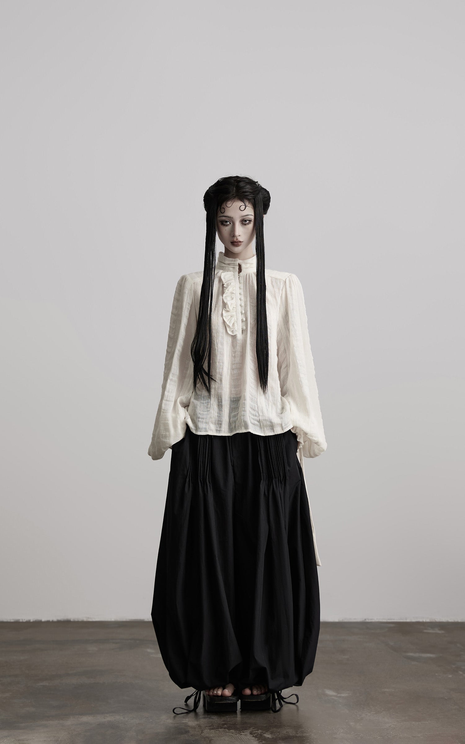 INDULGE Textured Button Shirt with Ruffled Front and Long Sashes