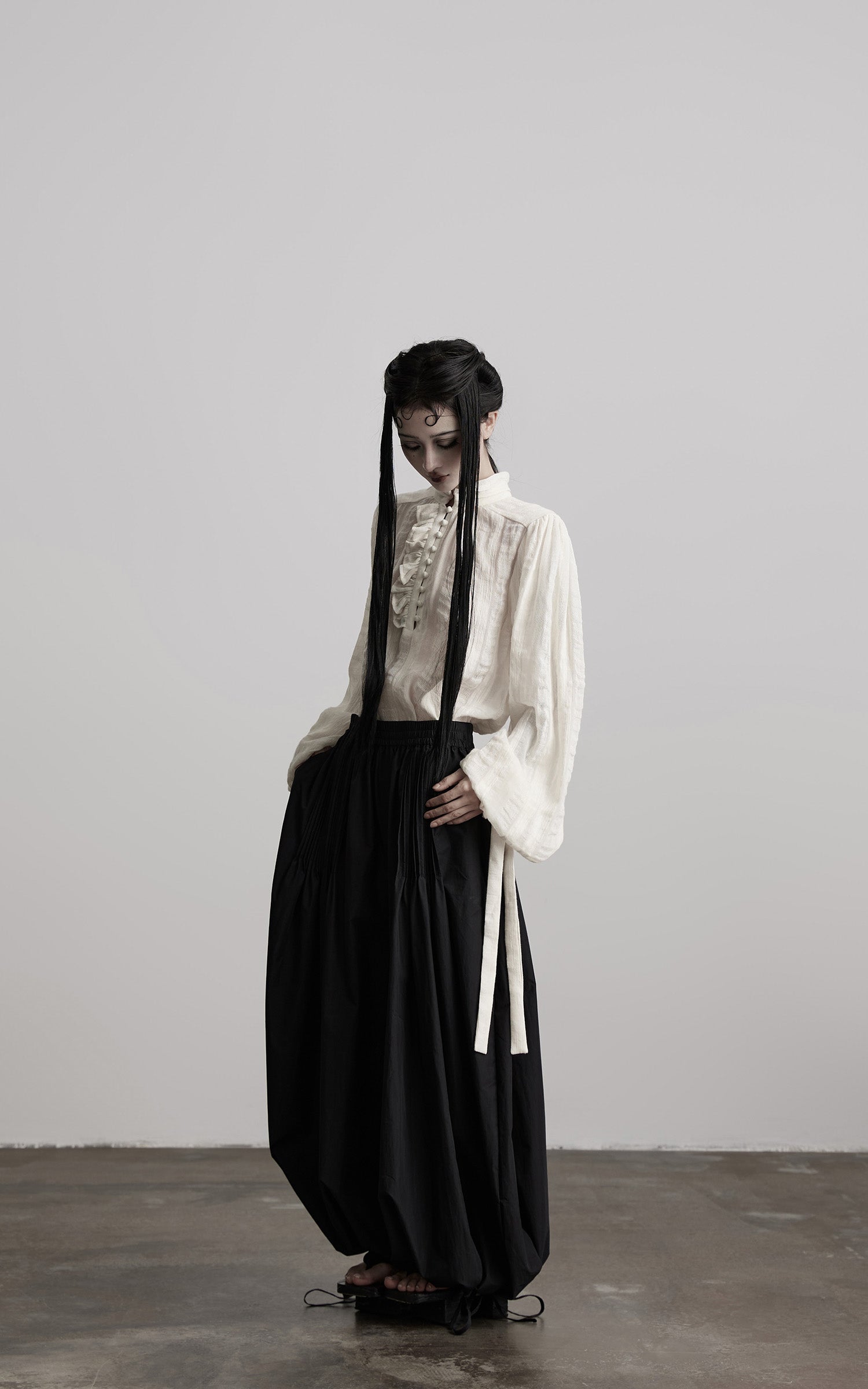 INDULGE Textured Button Shirt with Ruffled Front and Long Sashes