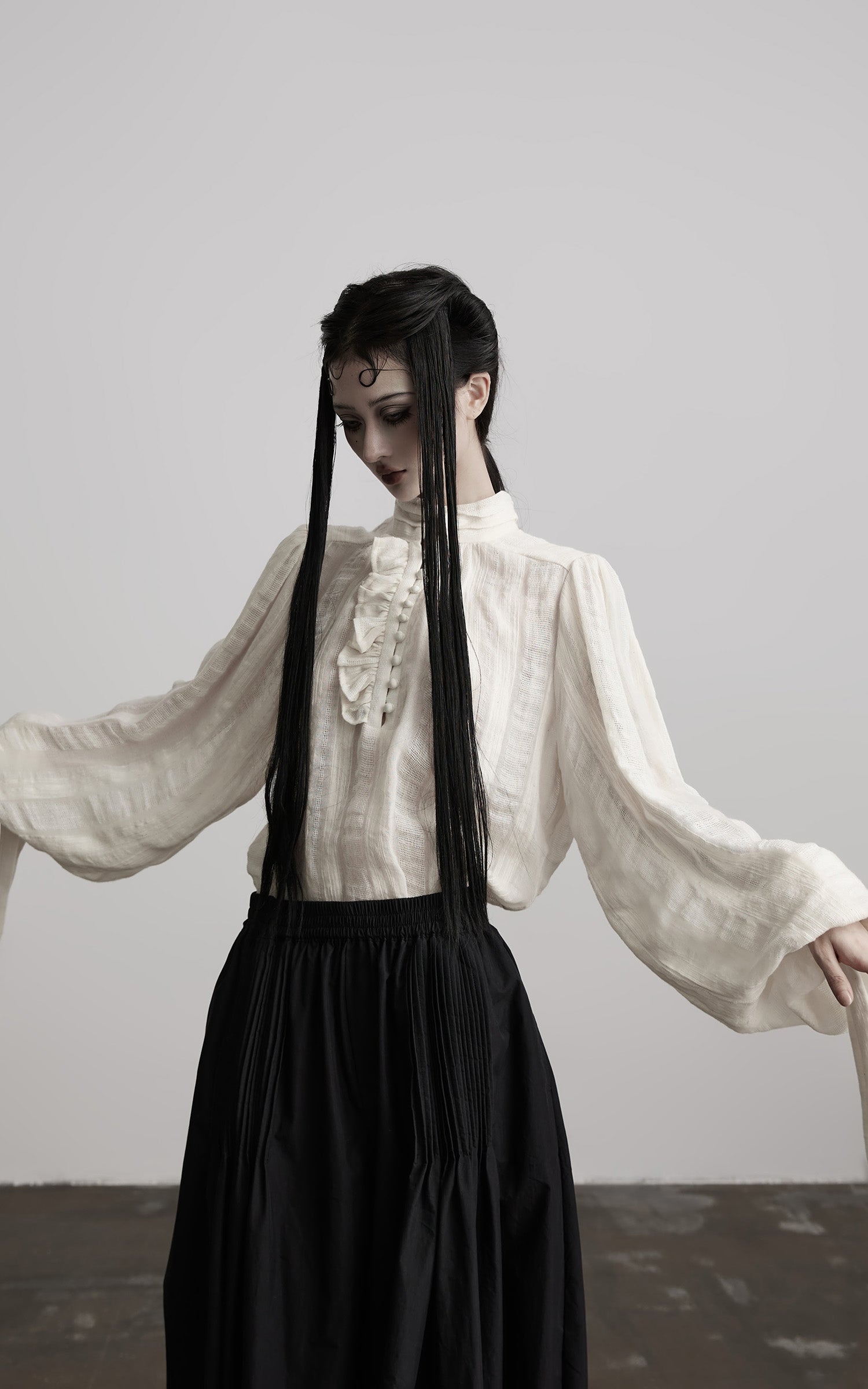 INDULGE Textured Button Shirt with Ruffled Front and Long Sashes
