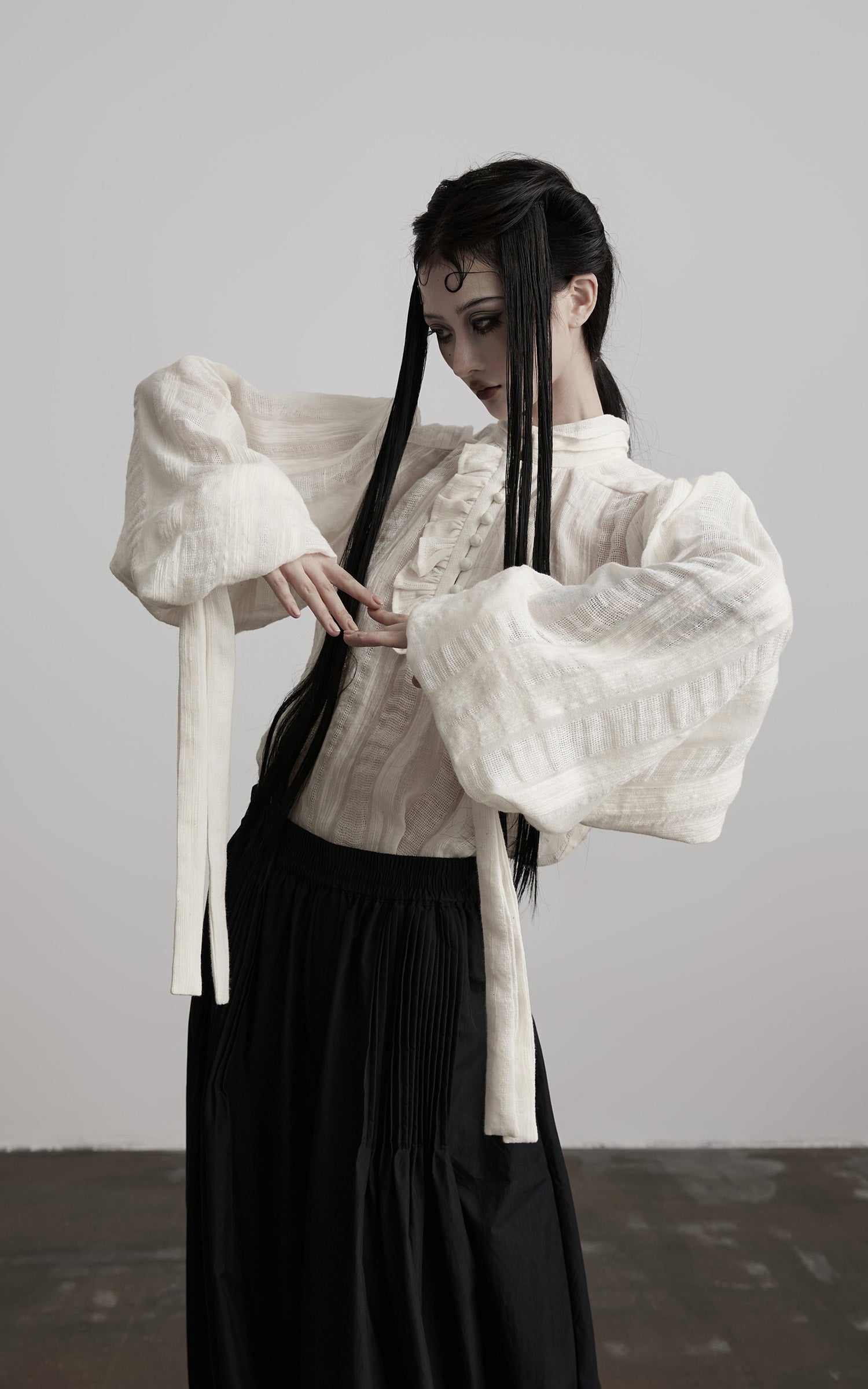 INDULGE Textured Button Shirt with Ruffled Front and Long Sashes