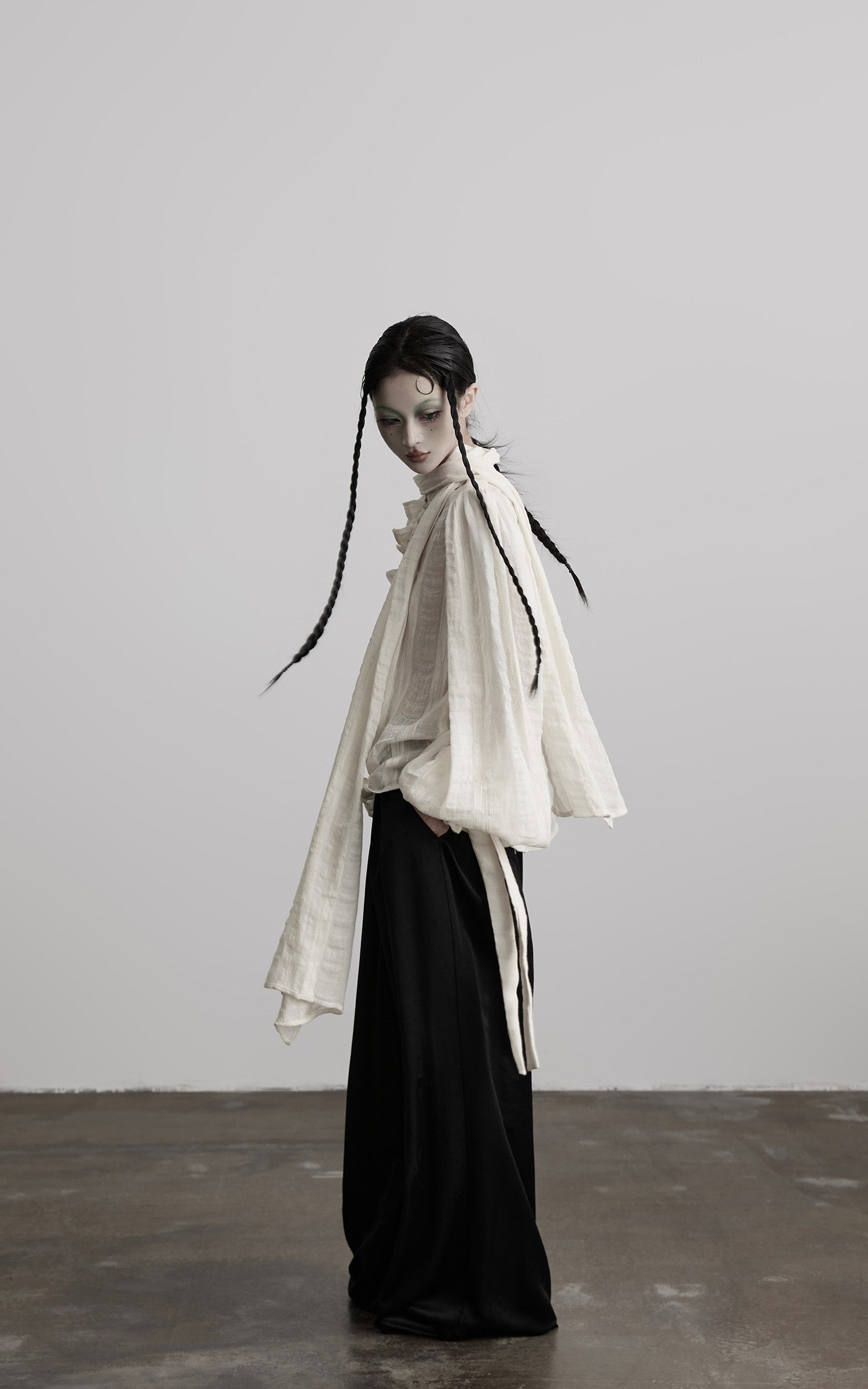 INDULGE Textured Button Shirt with Ruffled Front and Long Sashes
