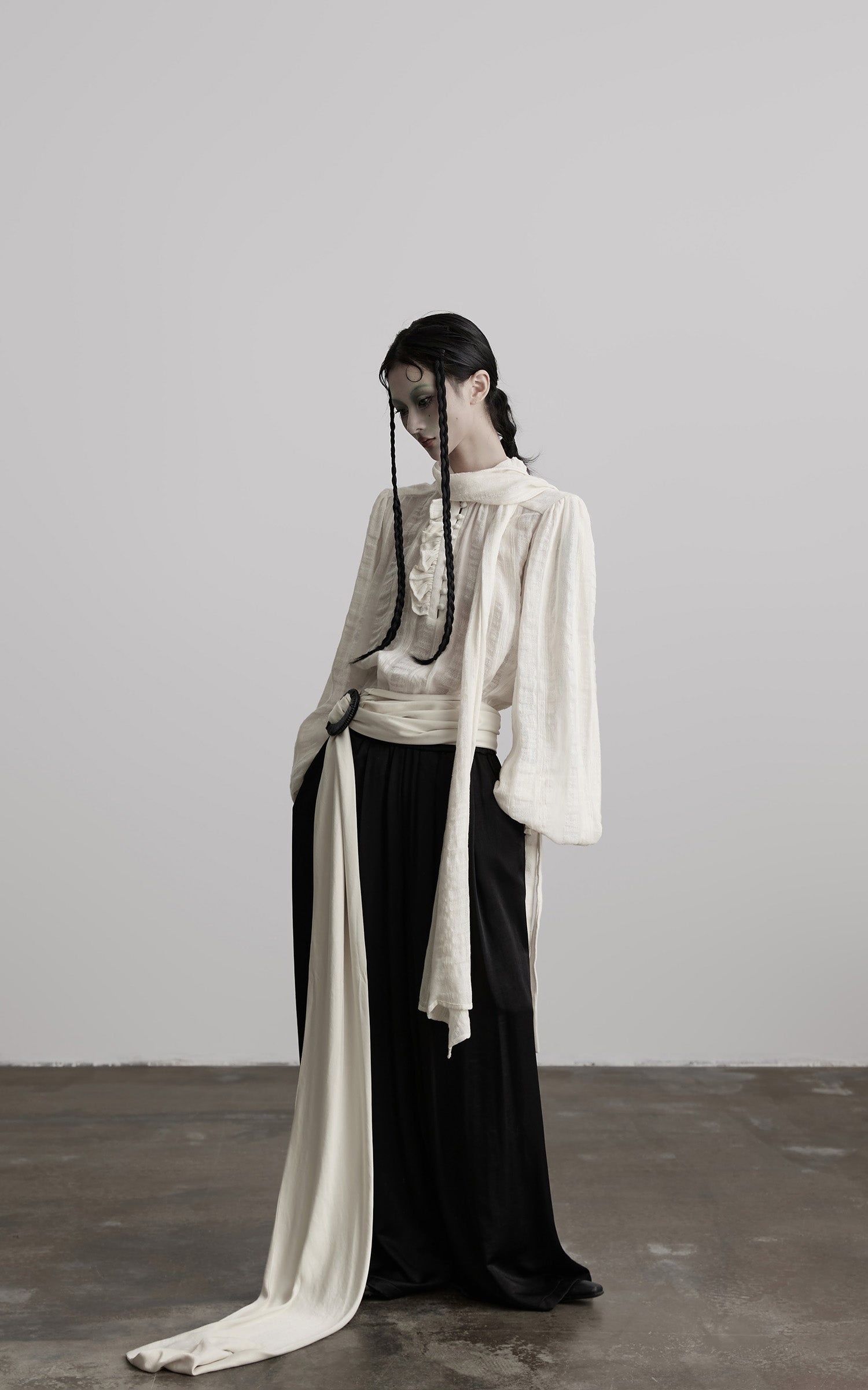 INDULGE Textured Button Shirt with Ruffled Front and Long Sashes
