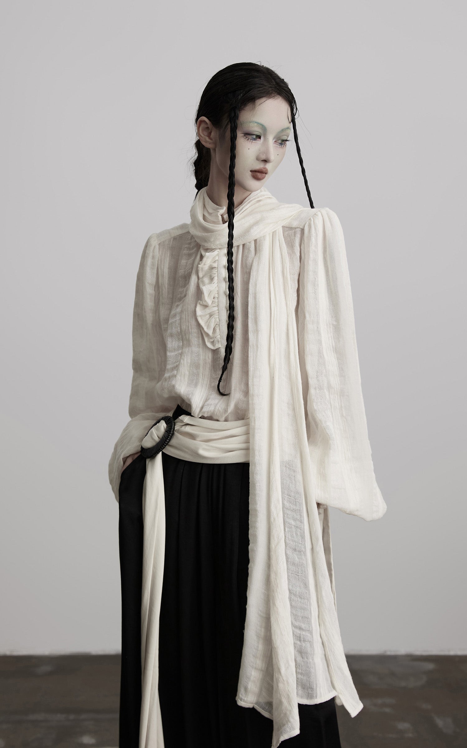 INDULGE Textured Button Shirt with Ruffled Front and Long Sashes
