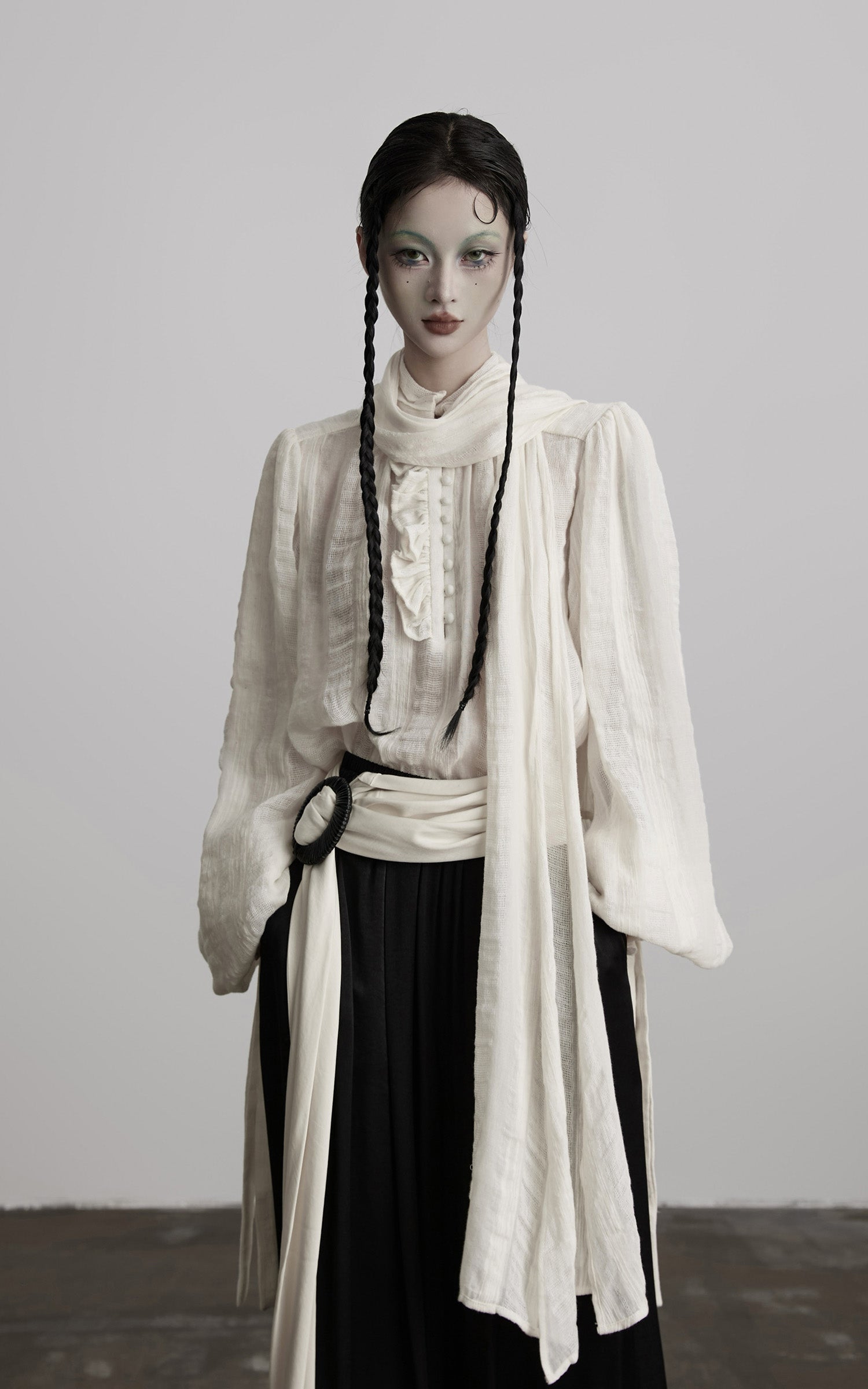 INDULGE Textured Button Shirt with Ruffled Front and Long Sashes