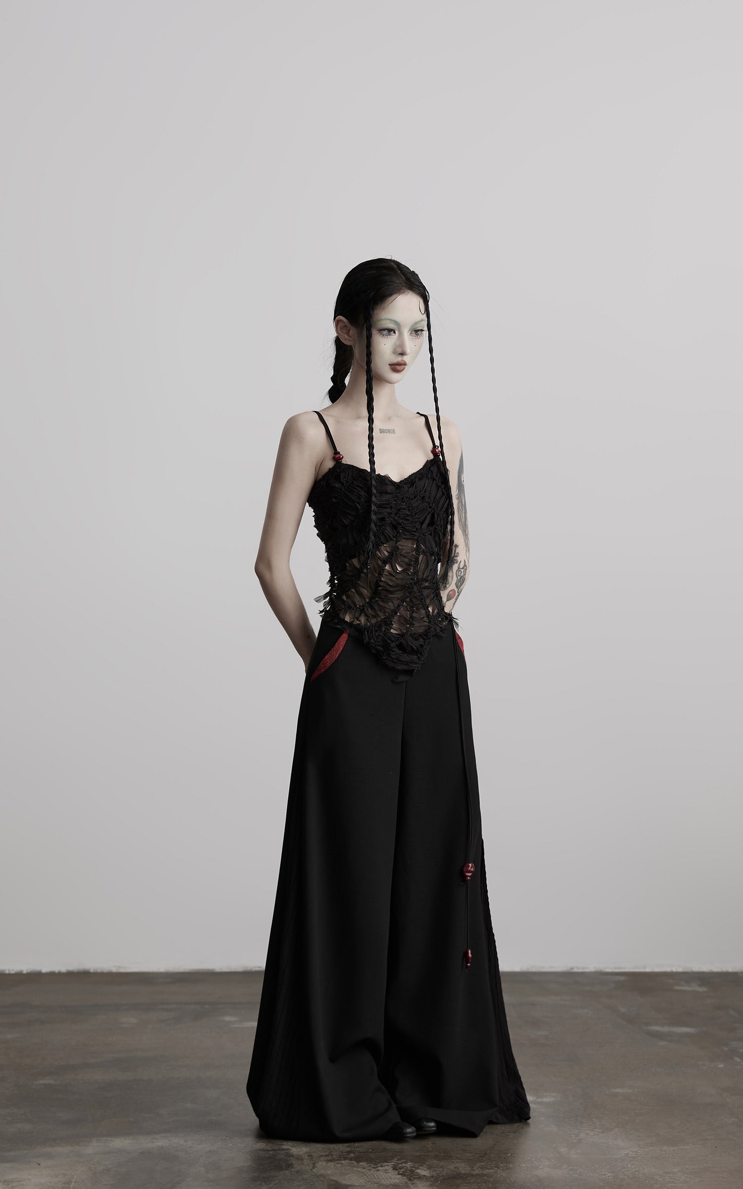 INDULGE Deconstructed Mesh Top with Beads and Raw Edge Detailing