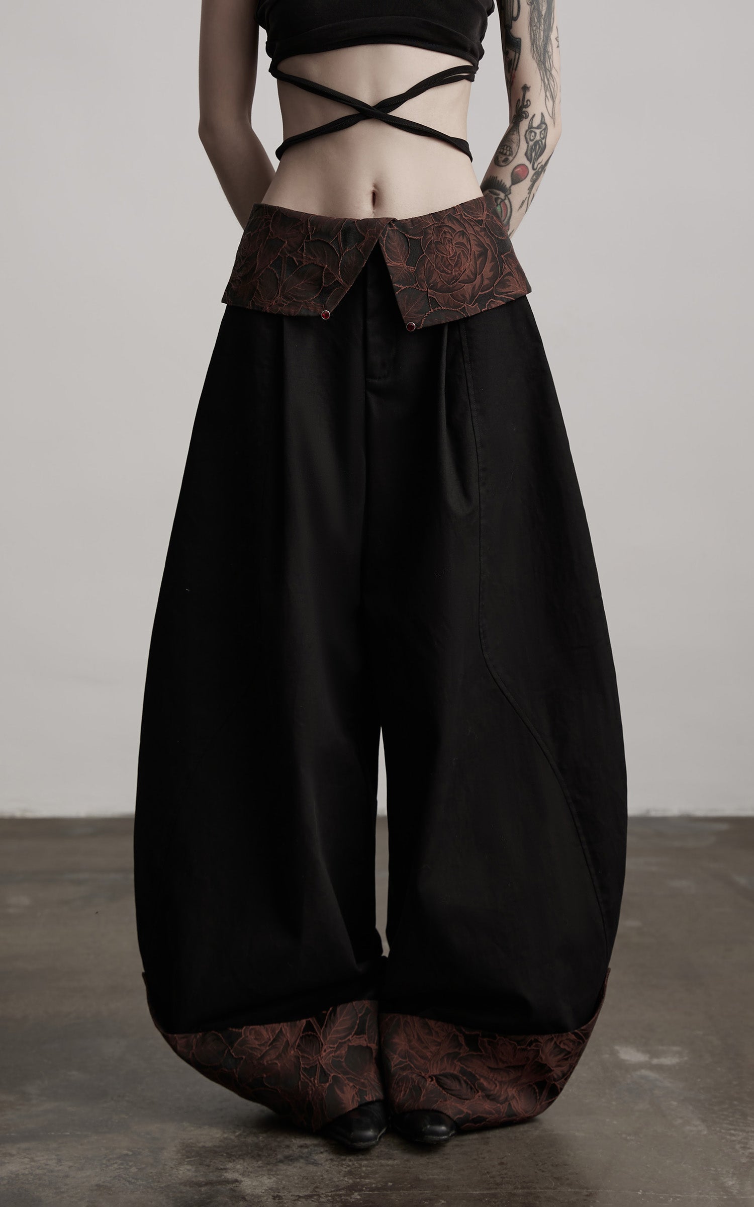 INDULGE Wide-Legged High-Waisted Pants with Leaf-Pattern Detail