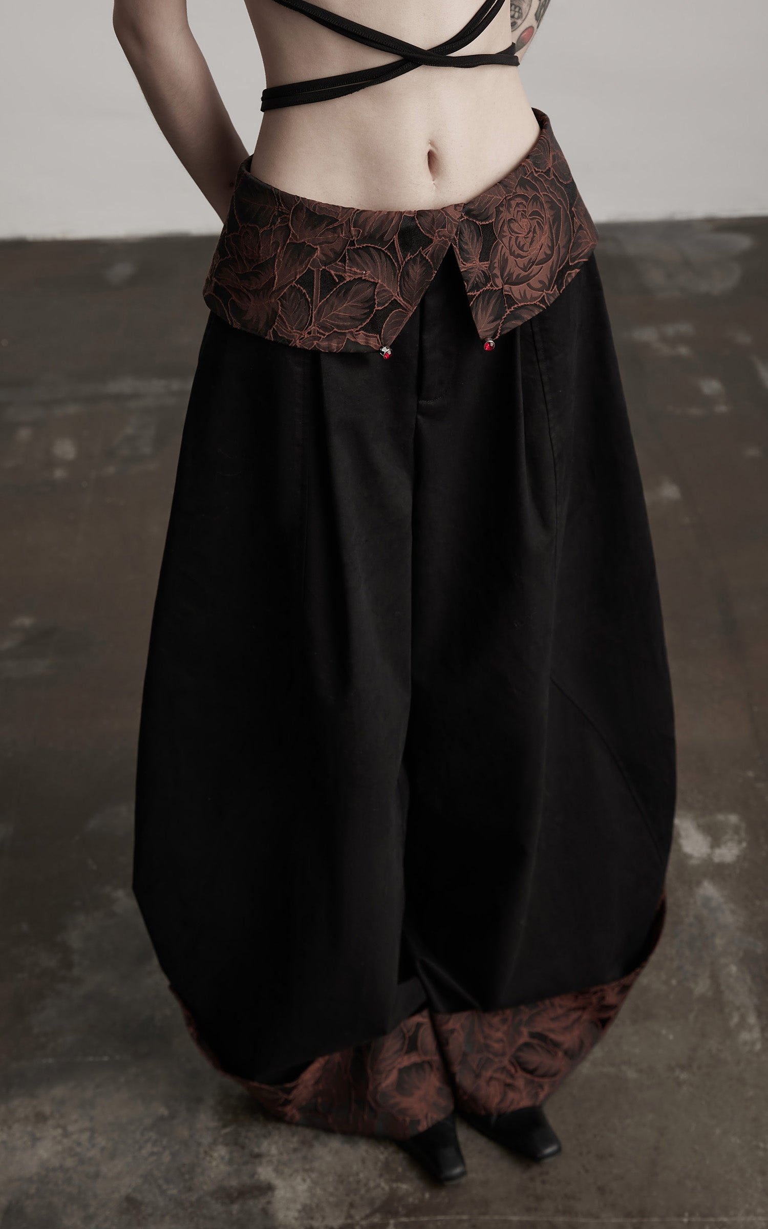 INDULGE Wide-Legged High-Waisted Pants with Leaf-Pattern Detail