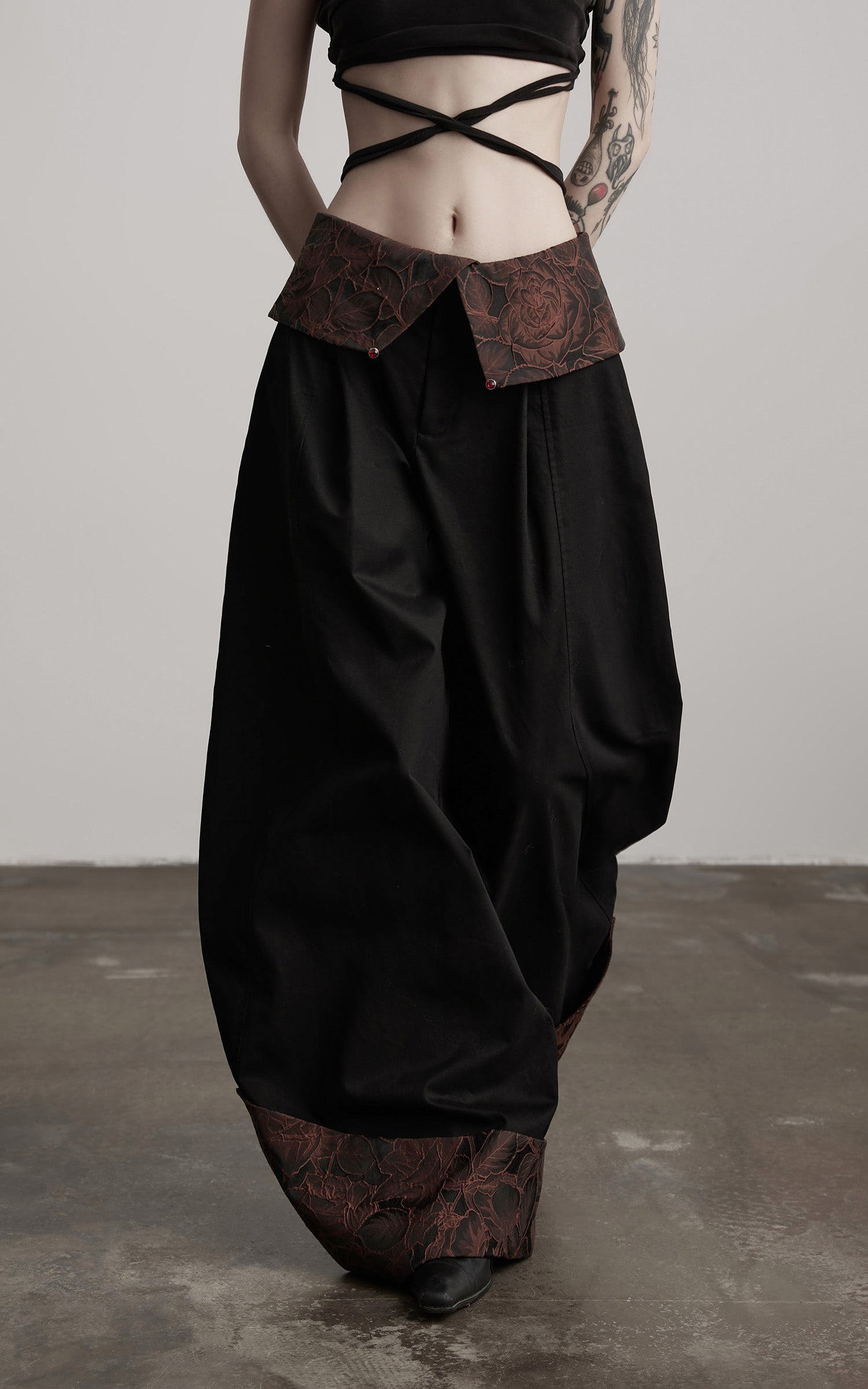 INDULGE Wide-Legged High-Waisted Pants with Leaf-Pattern Detail