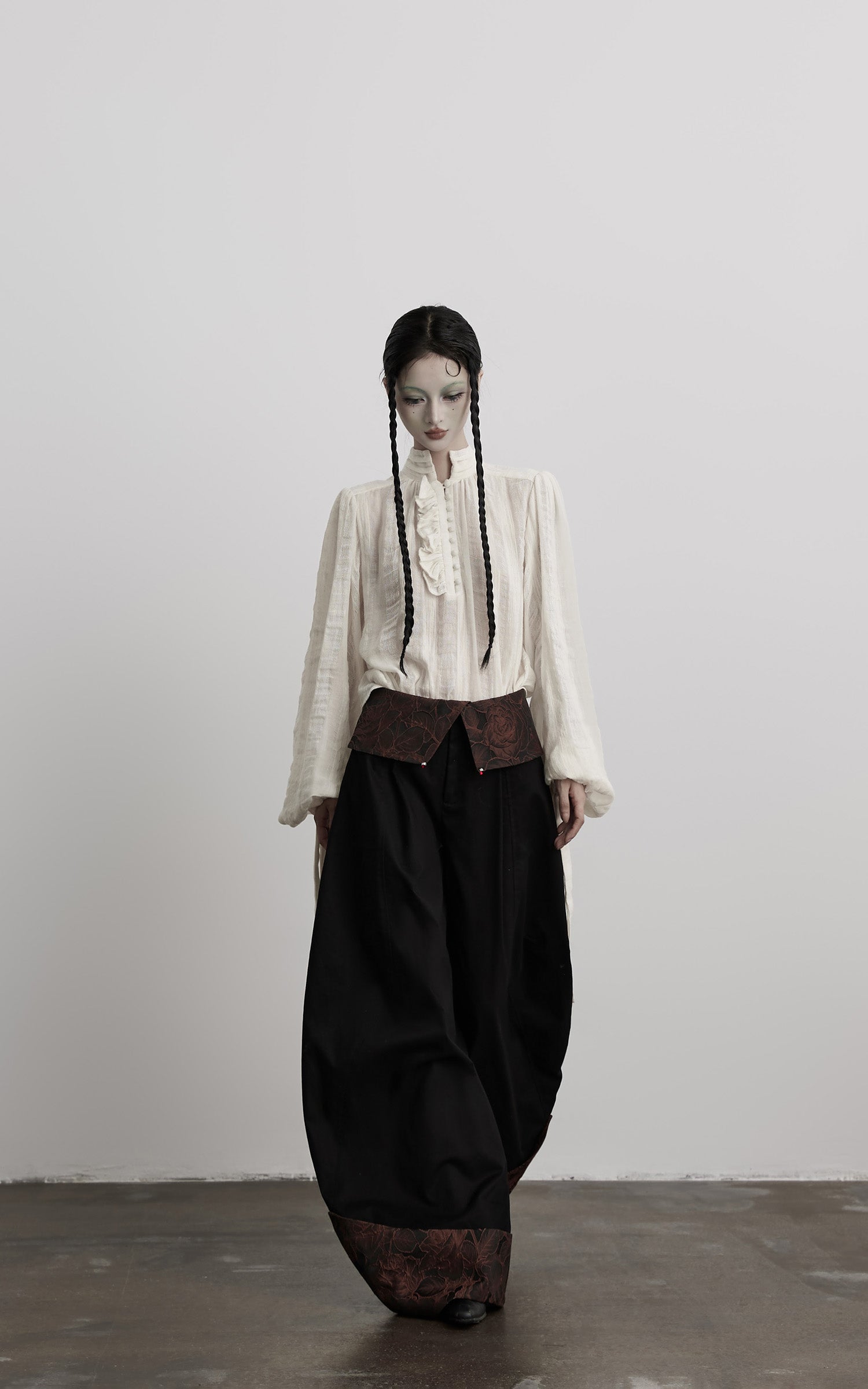 INDULGE Wide-Legged High-Waisted Pants with Leaf-Pattern Detail