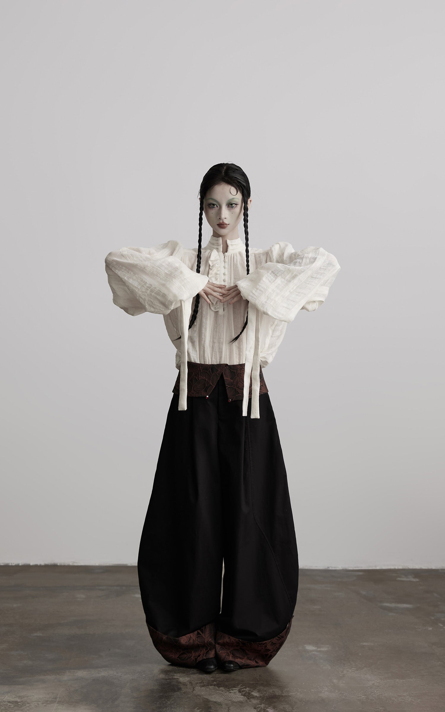 INDULGE Textured Button Shirt with Ruffled Front and Long Sashes