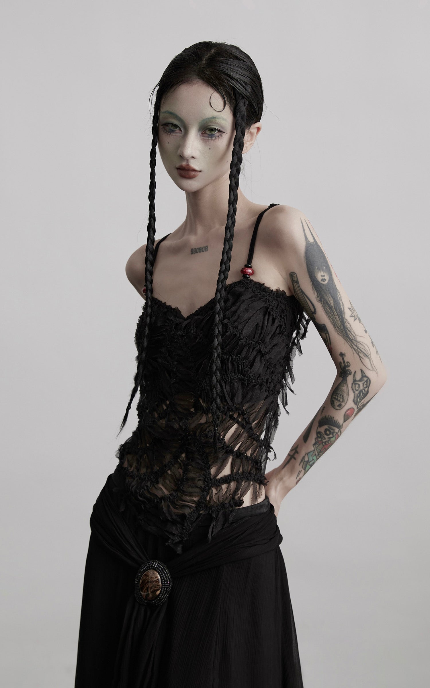 INDULGE Deconstructed Mesh Top with Beads and Raw Edge Detailing