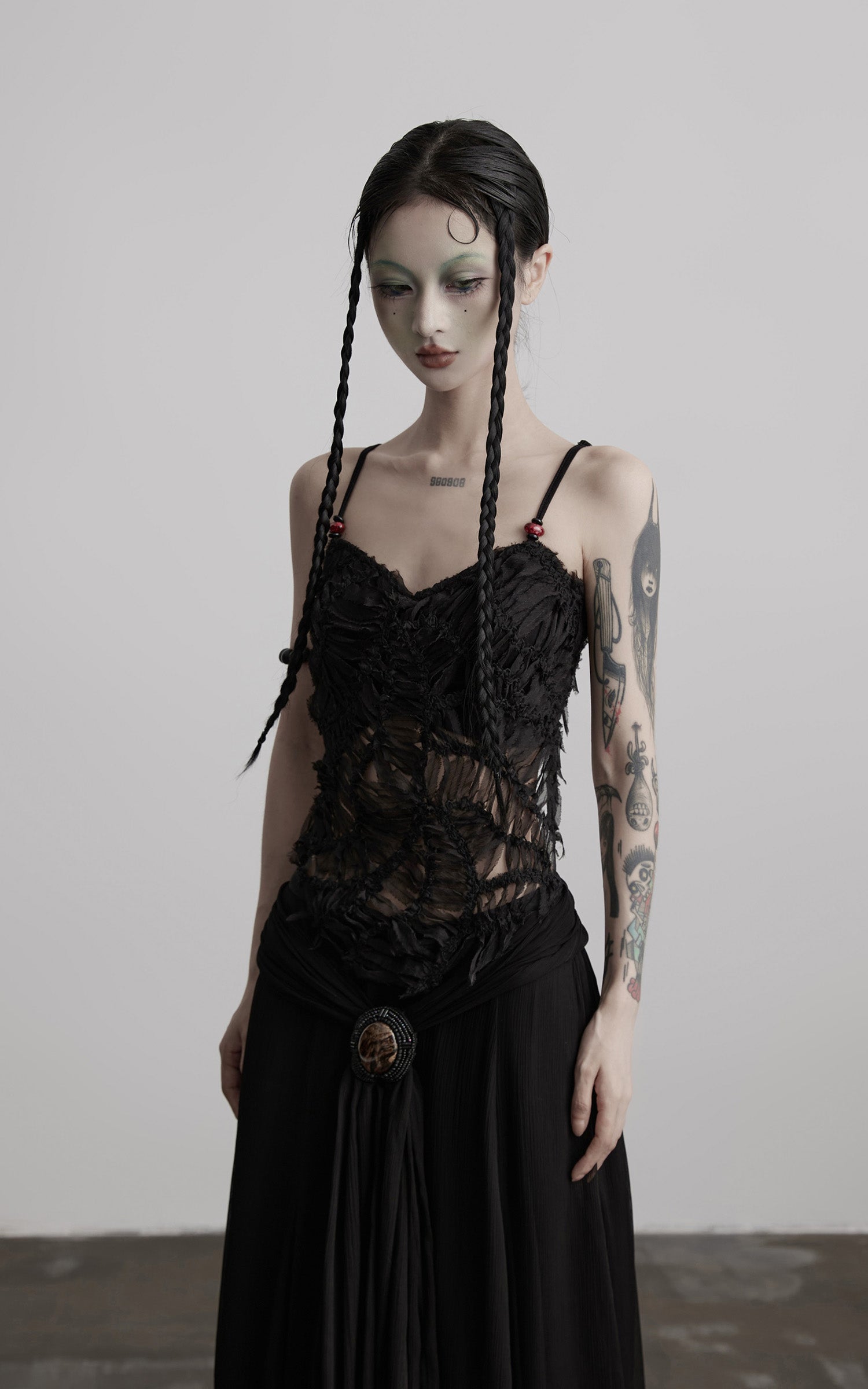 INDULGE Deconstructed Mesh Top with Beads and Raw Edge Detailing