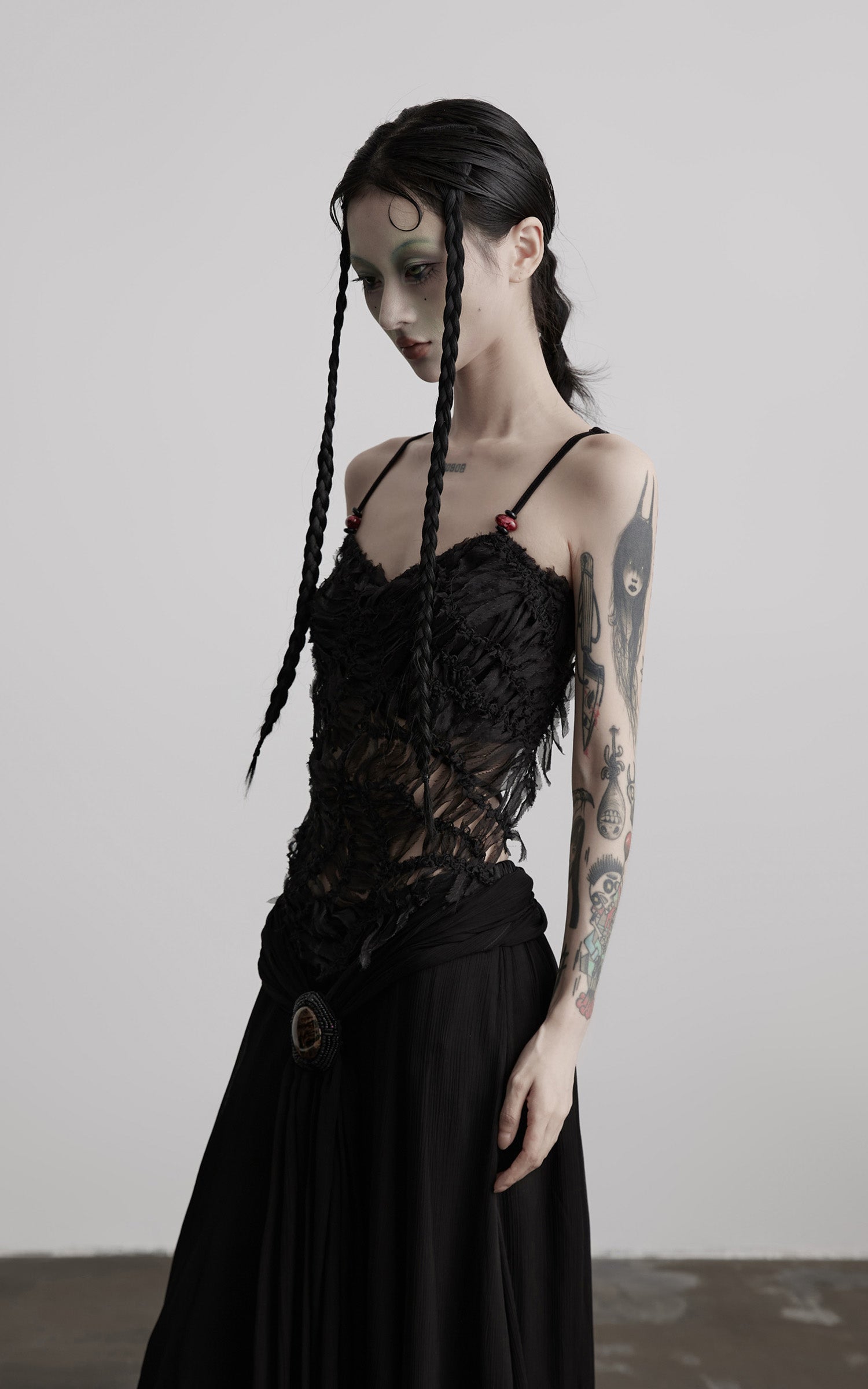 INDULGE Deconstructed Mesh Top with Beads and Raw Edge Detailing