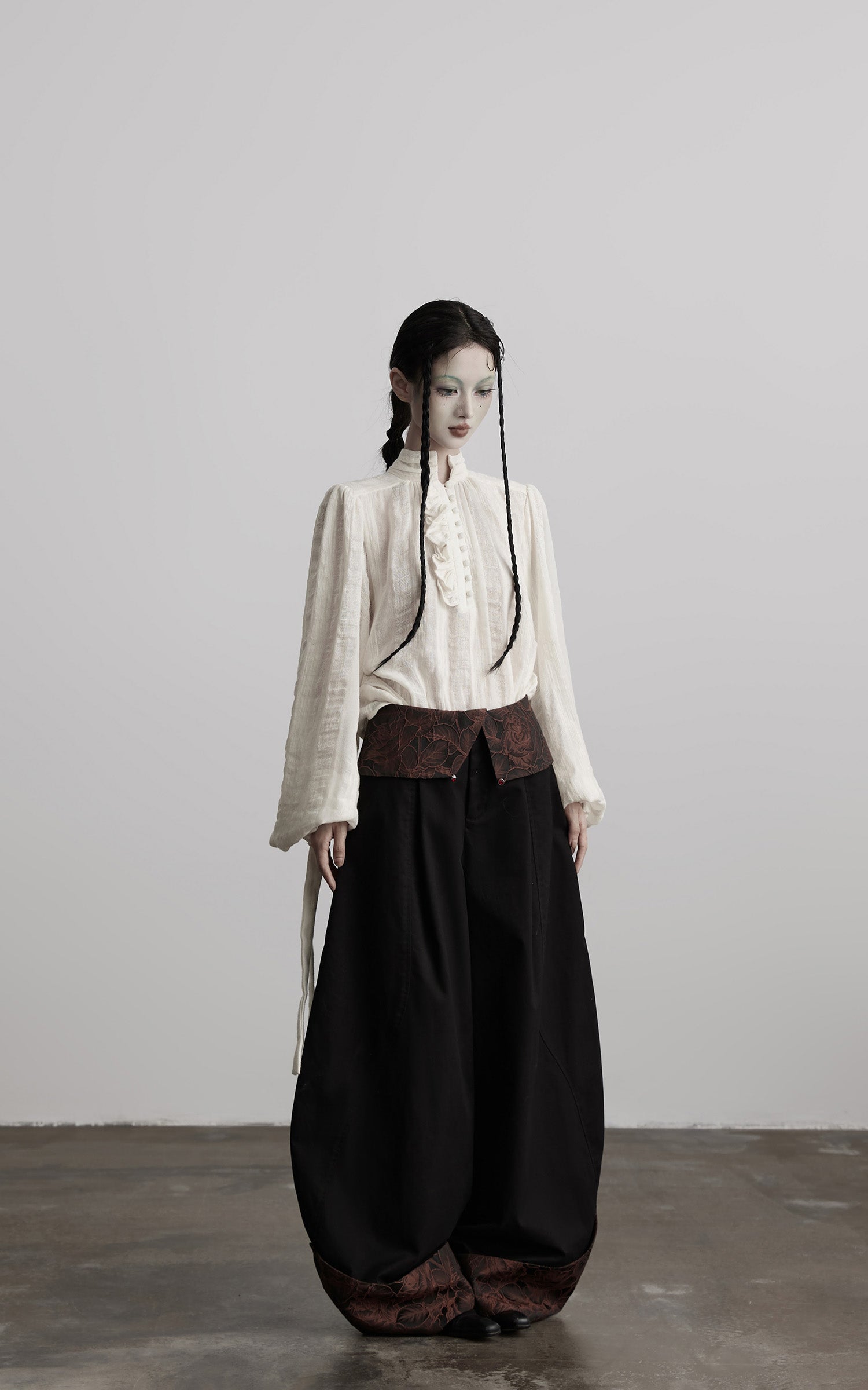 INDULGE Textured Button Shirt with Ruffled Front and Long Sashes