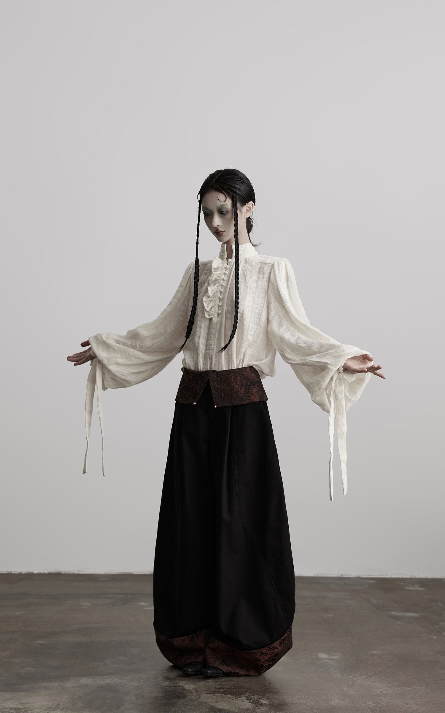 INDULGE Textured Button Shirt with Ruffled Front and Long Sashes