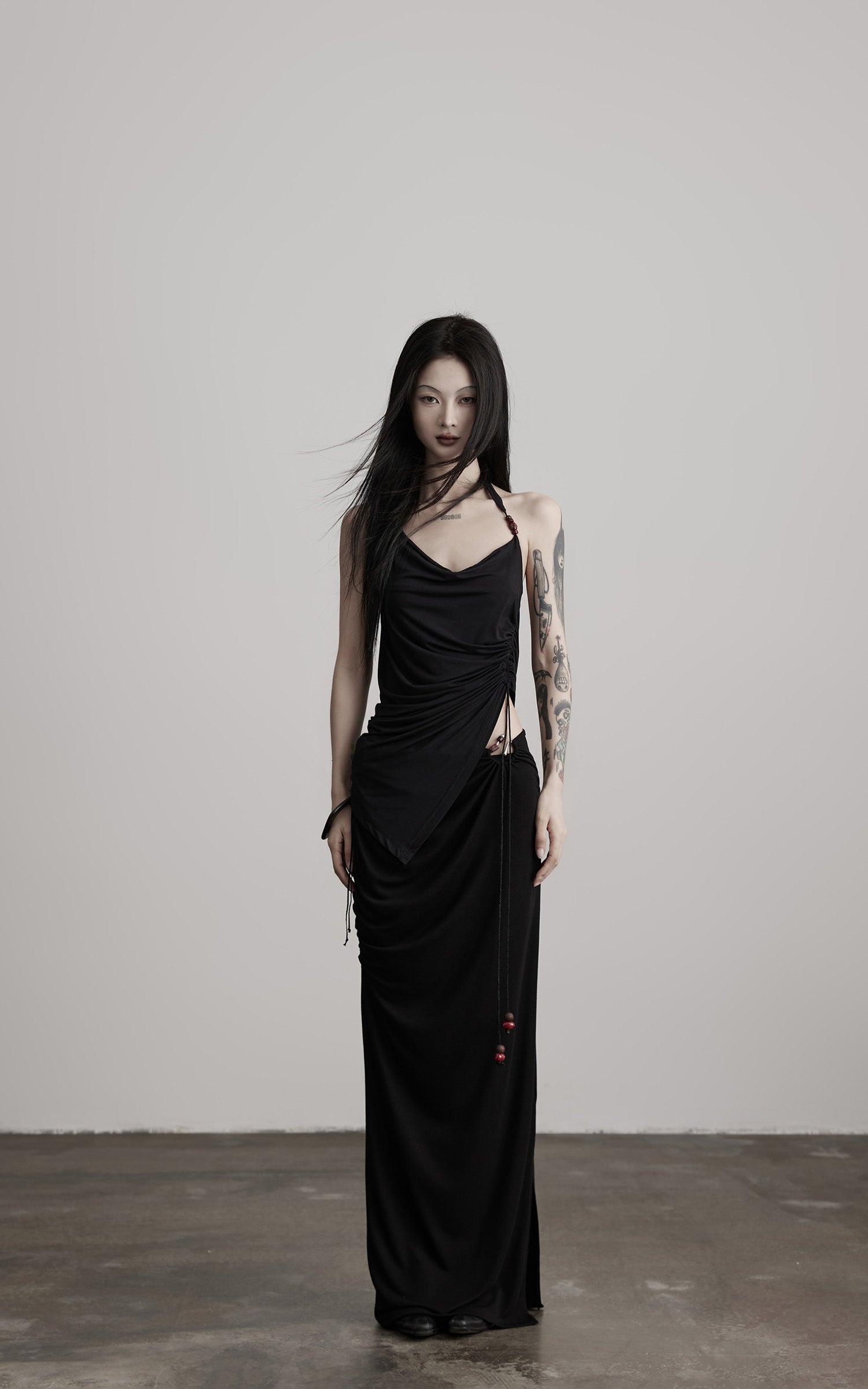 INDULGE Beaded Drawstring Draped Maxi Skirt