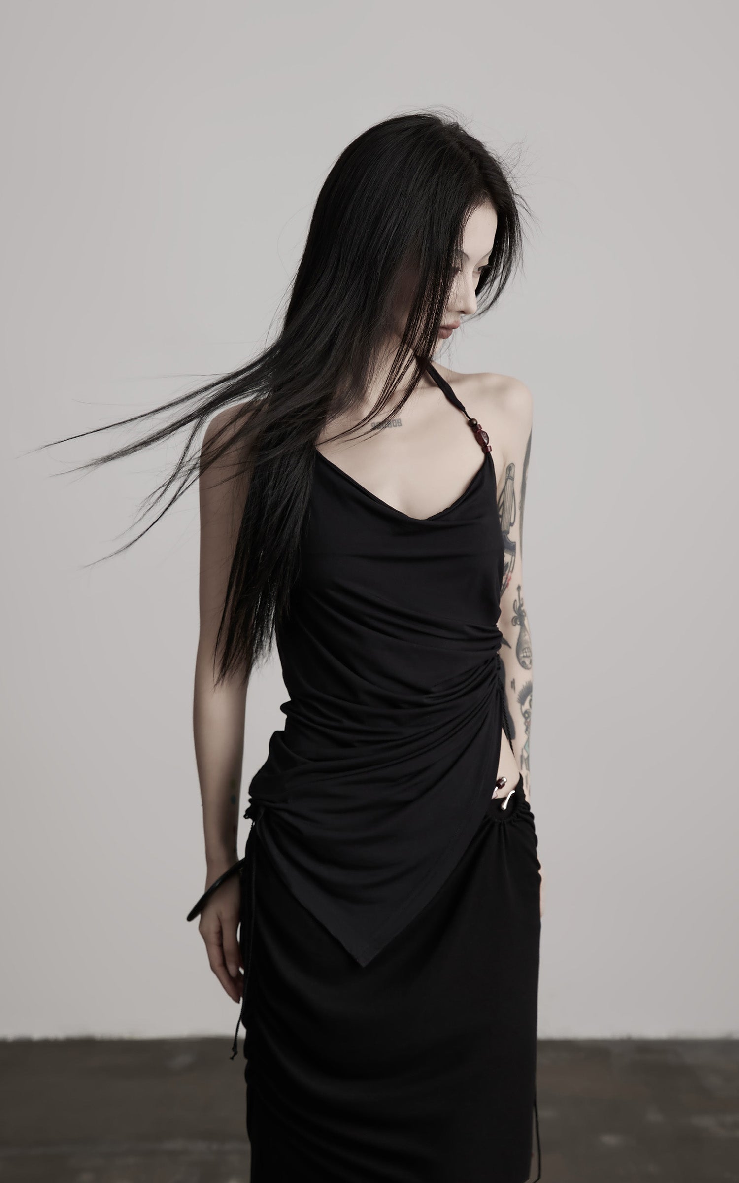 INDULGE Draped Halter Tank with Bead Detail and Asymmetric Ruched Cut-Out