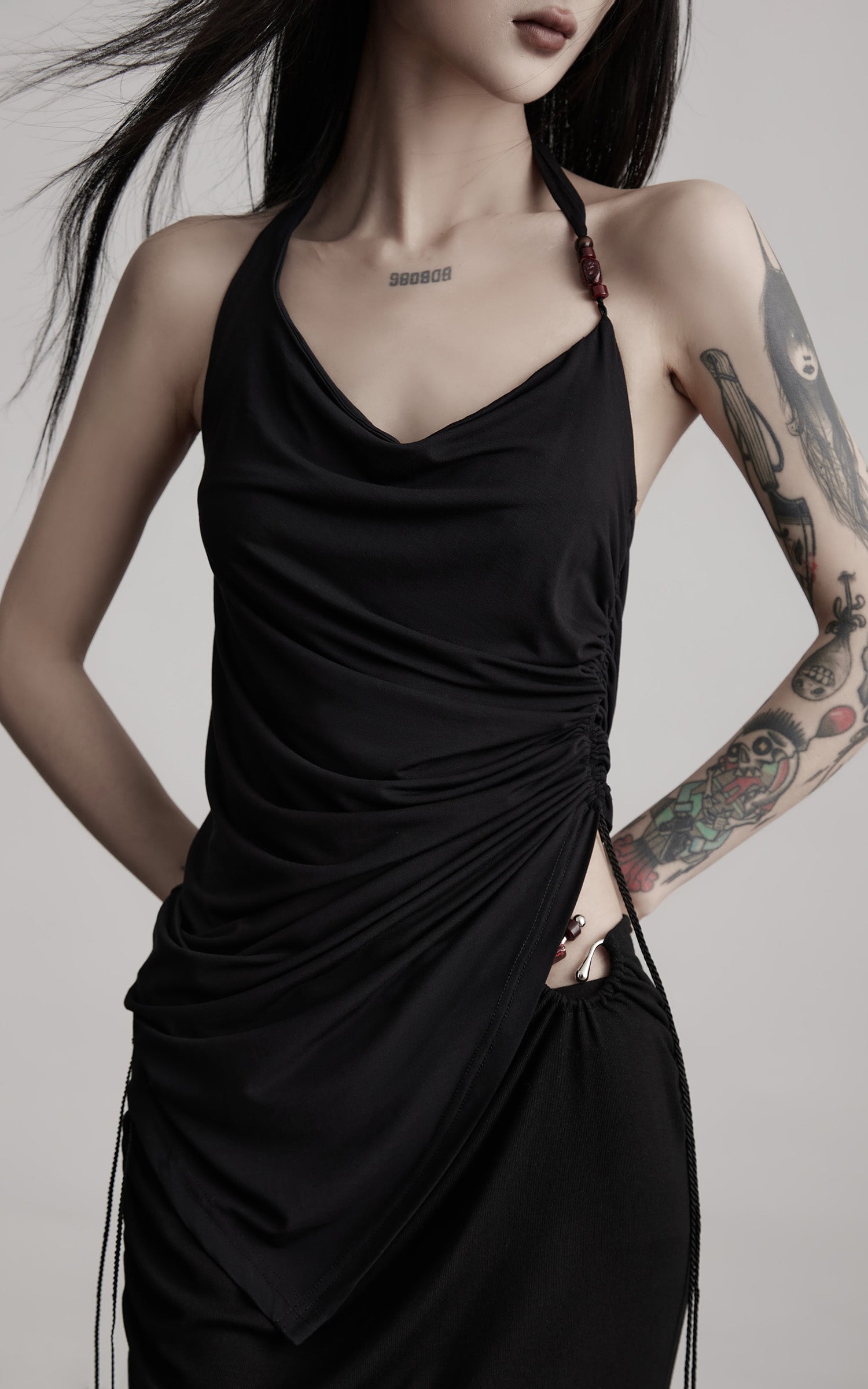 INDULGE Draped Halter Tank with Bead Detail and Asymmetric Ruched Cut-Out