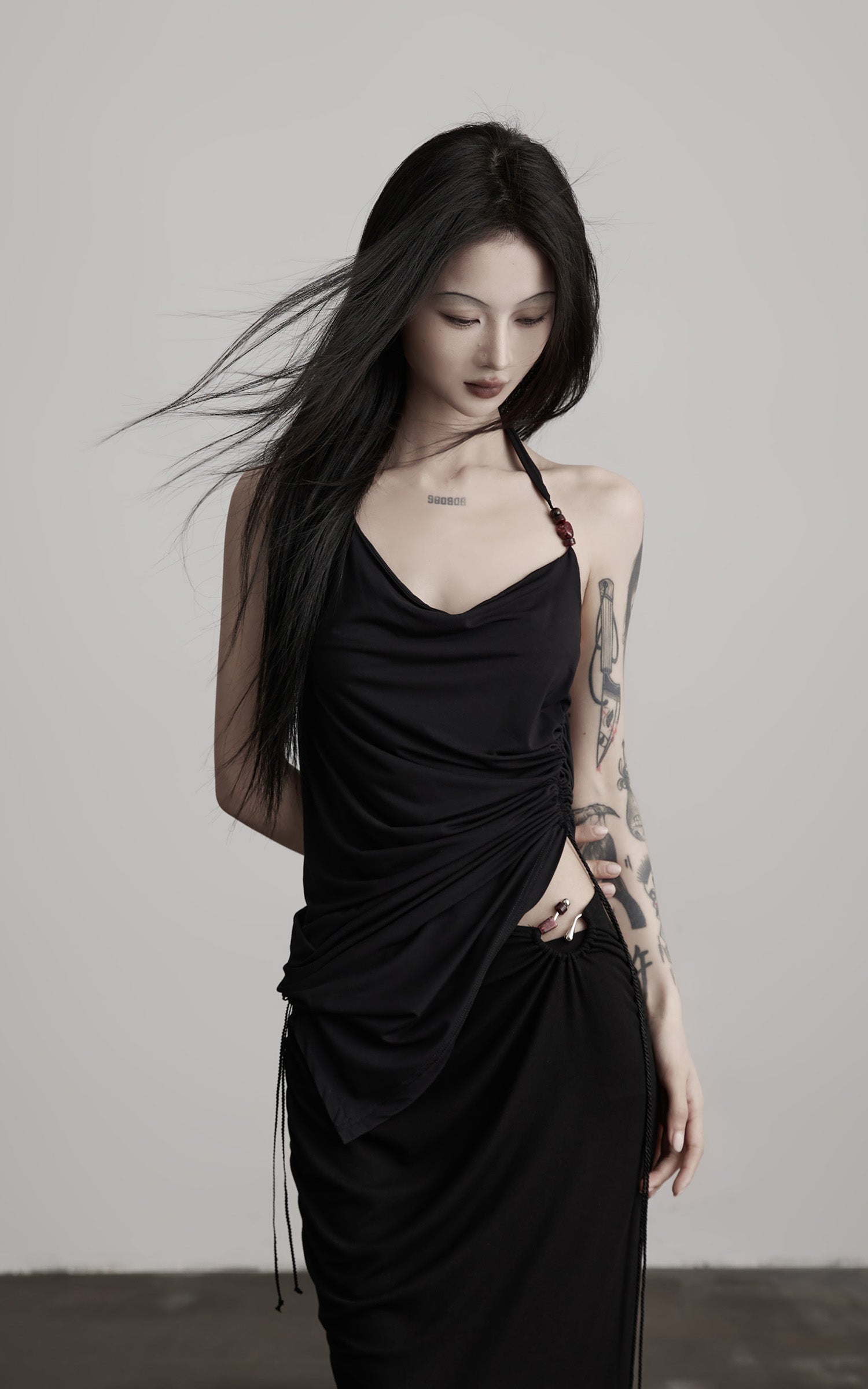 INDULGE Draped Halter Tank with Bead Detail and Asymmetric Ruched Cut-Out