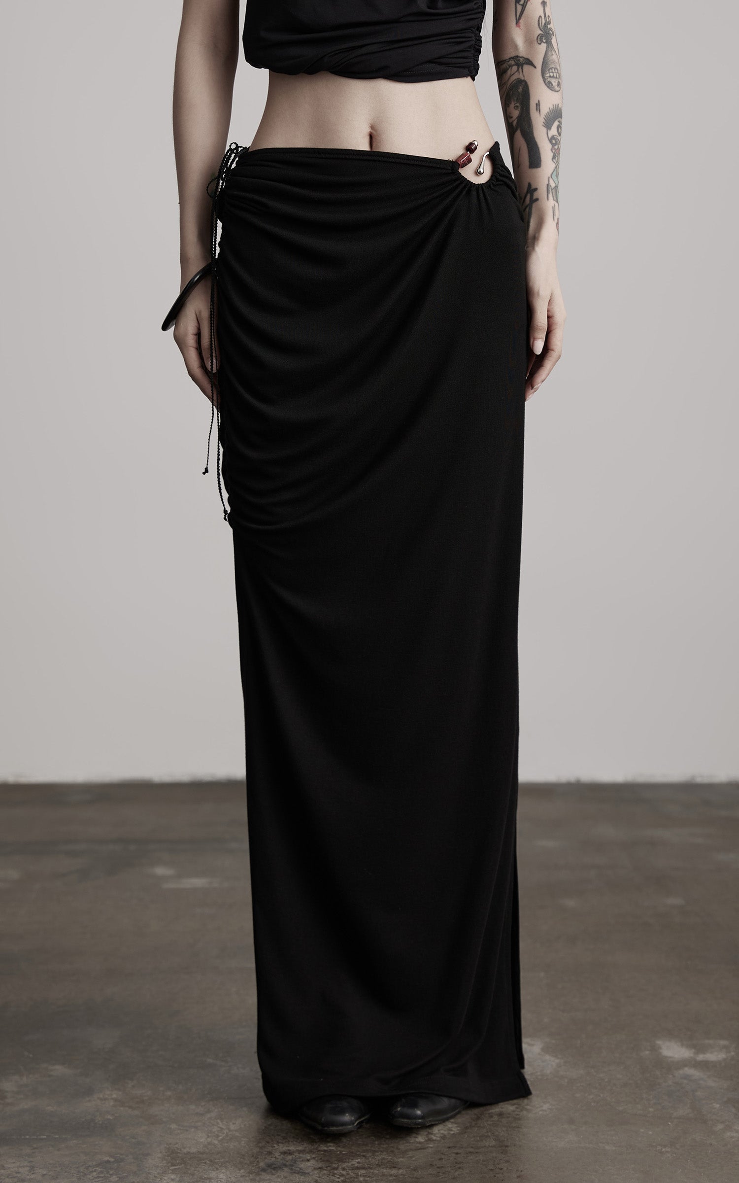 INDULGE Beaded Drawstring Draped Maxi Skirt
