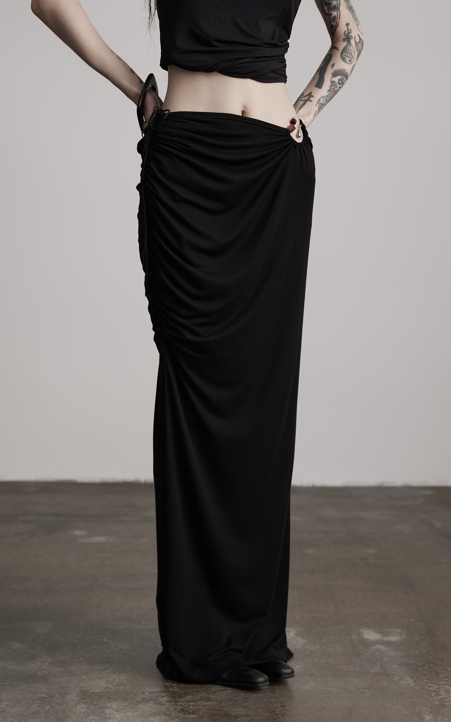 INDULGE Beaded Drawstring Draped Maxi Skirt
